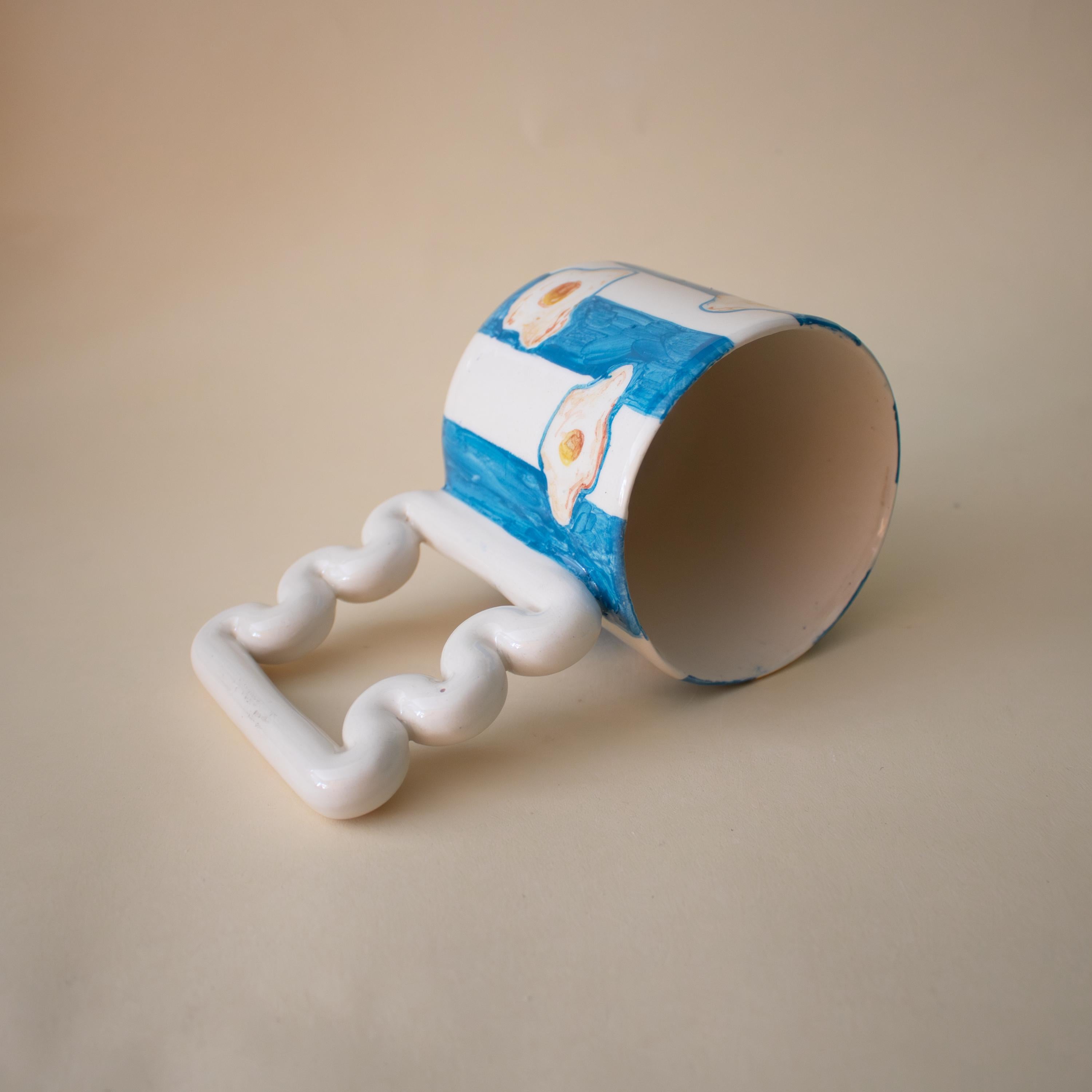 Hand Painted Porcelain Mug: Egg & Blue Stripes, Funky Handle