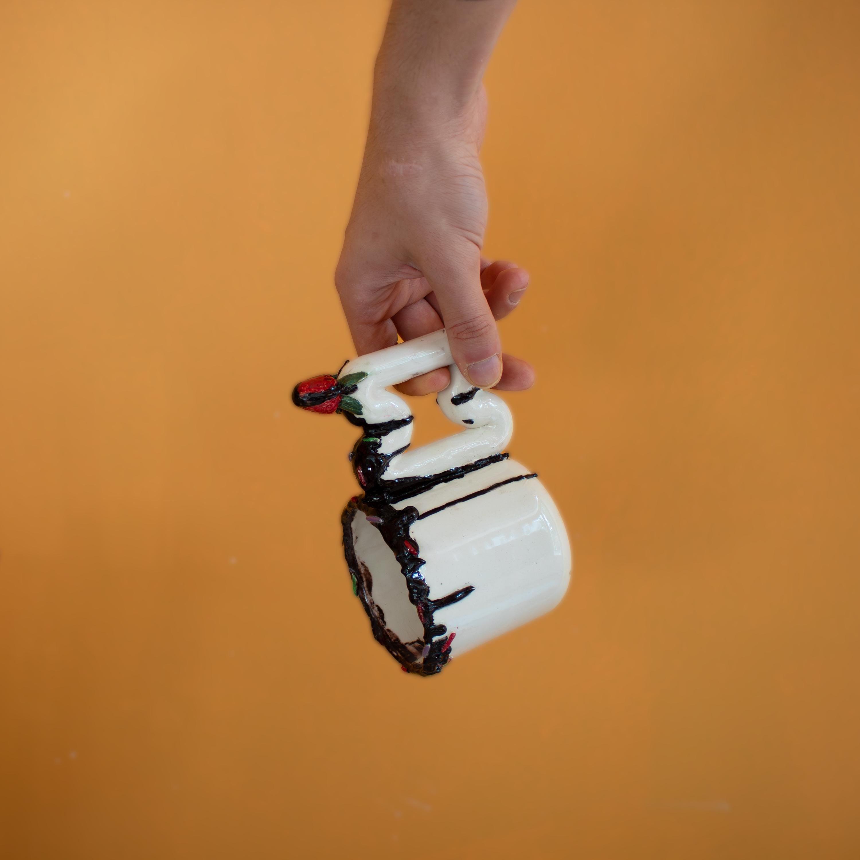 Handmade Chocolate Drip Mug: Funky Strawberry Handle Porcelain Cup