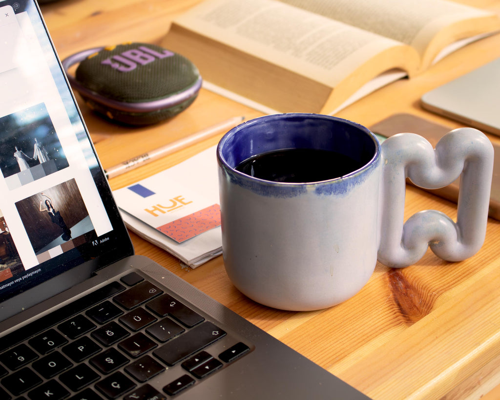 Handmade Light Blue Porcelain Mug: Funky Handle, Modern ceramic Coffee Cup