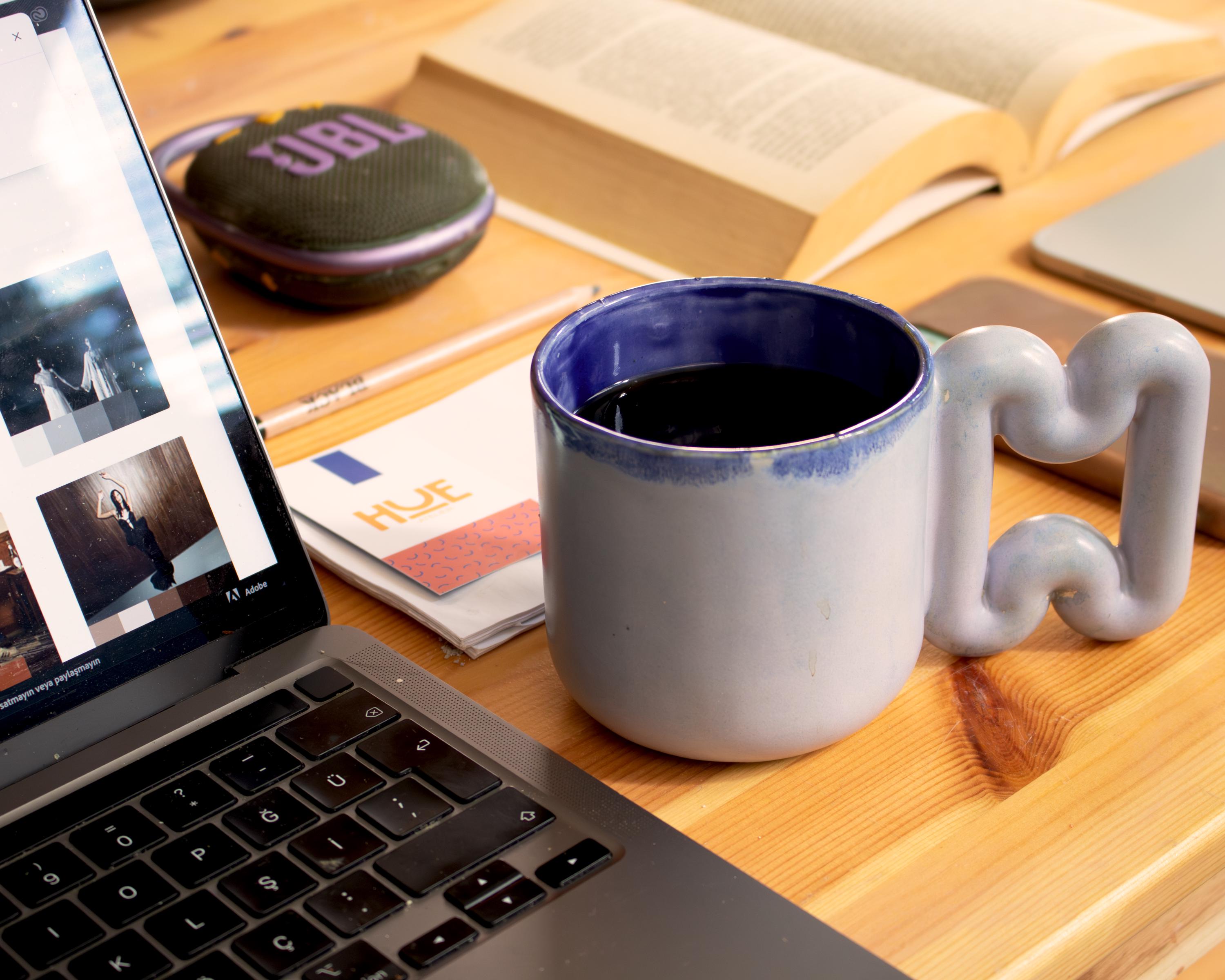 Handmade Light Blue Porcelain Mug: Funky Handle, Modern ceramic Coffee Cup