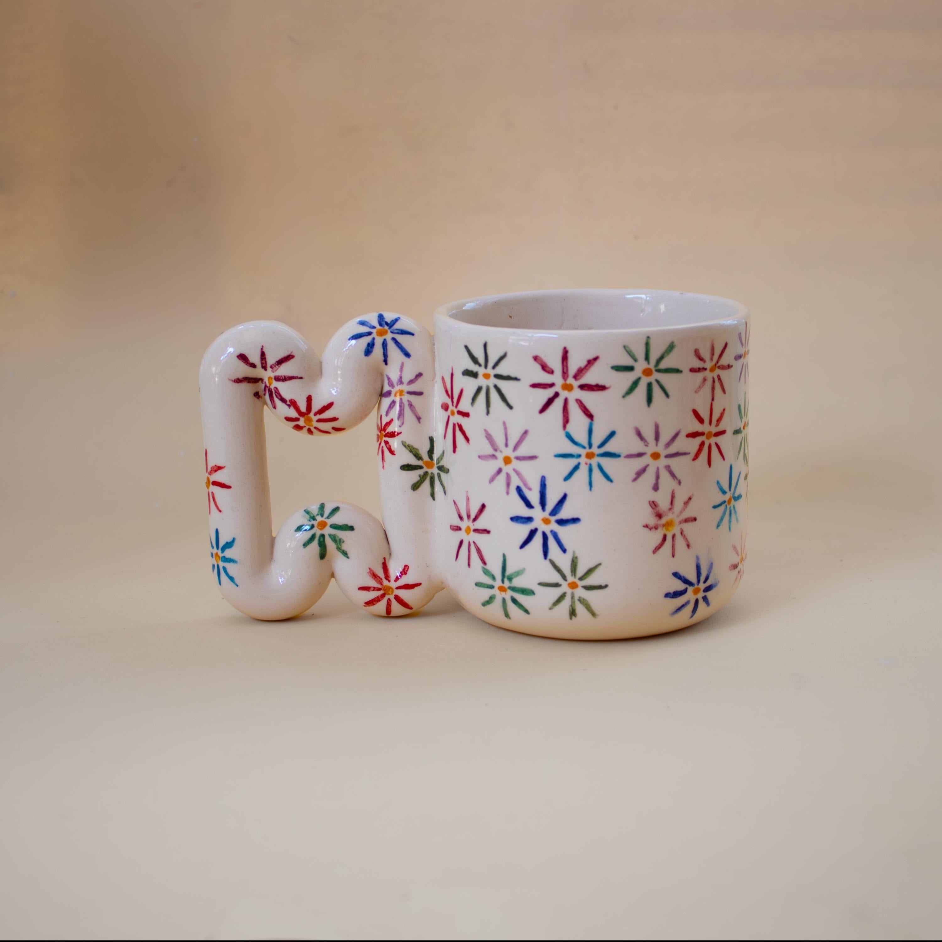 Handmade Ceramic Mug: Floral Blossom Design, Wavy Handle porcelain cup