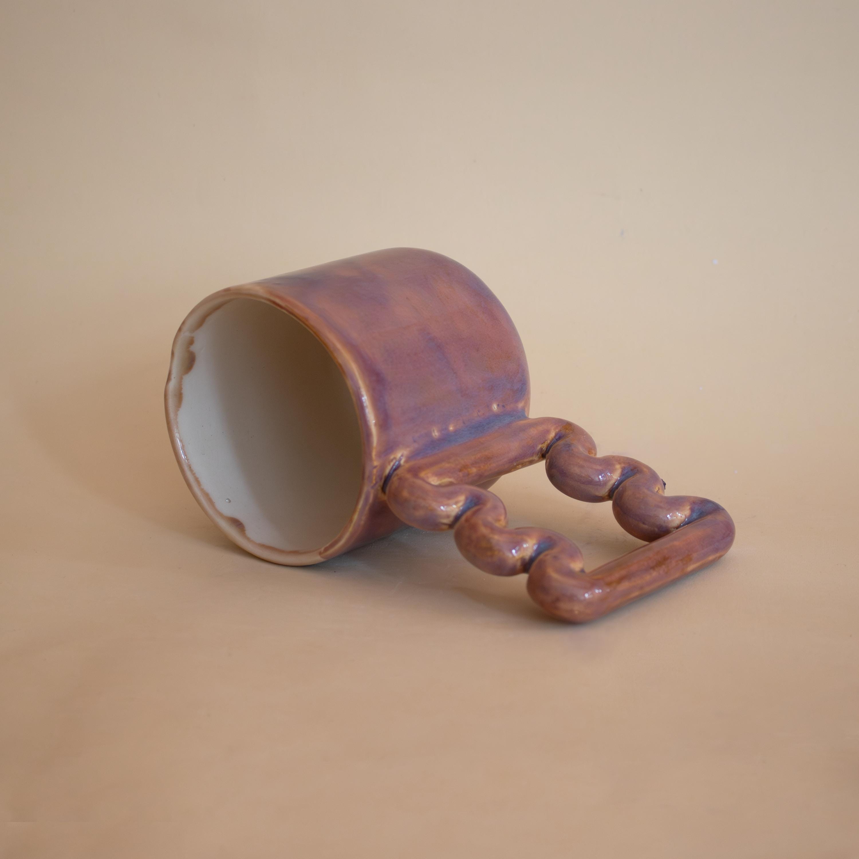 Copper pink ceramic mug with funky handle, sculptural handmade porcelain cup, modern coffee gift