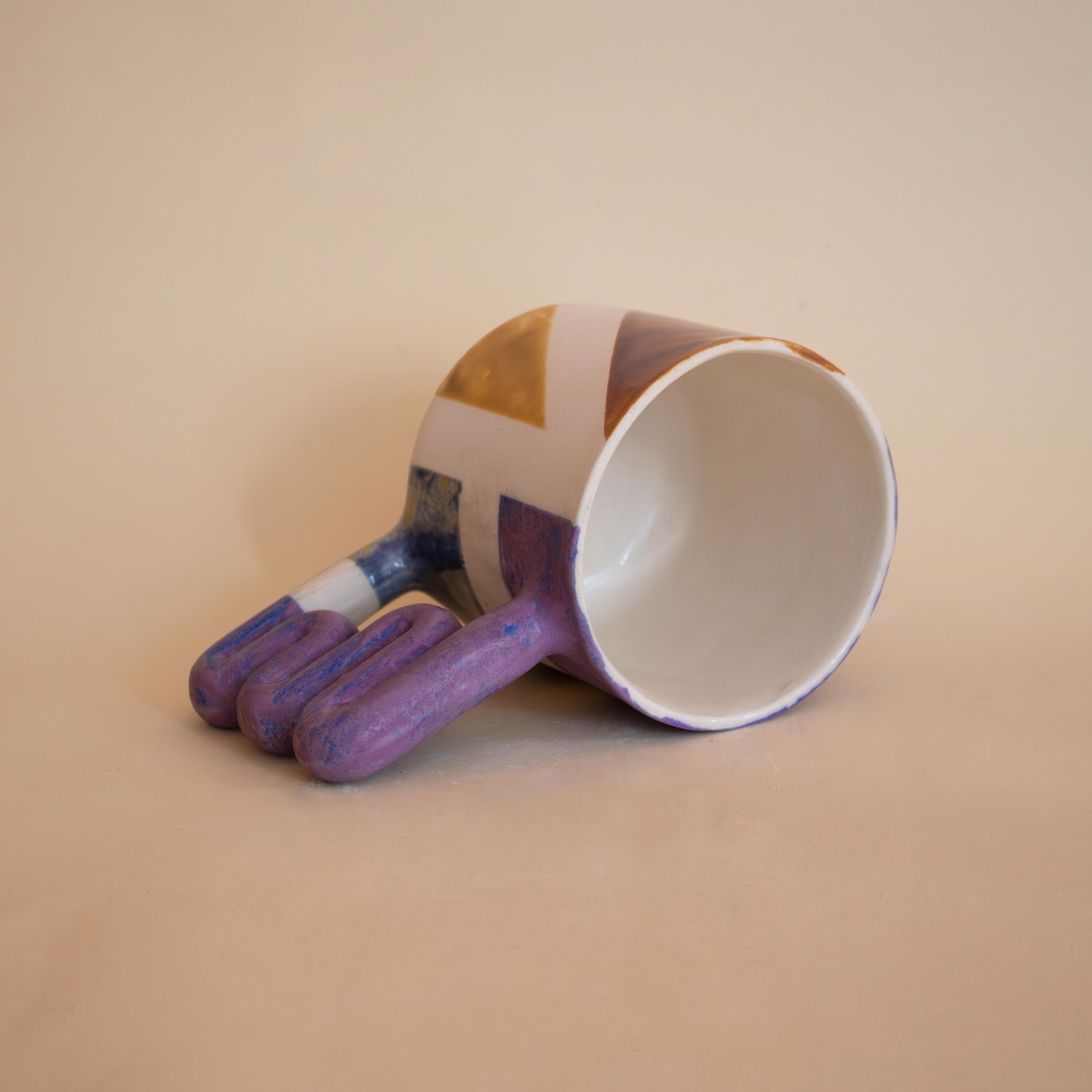 Handmade geometric ceramic mug with funky handle, colorful porcelain cup, artistic coffee lover gift