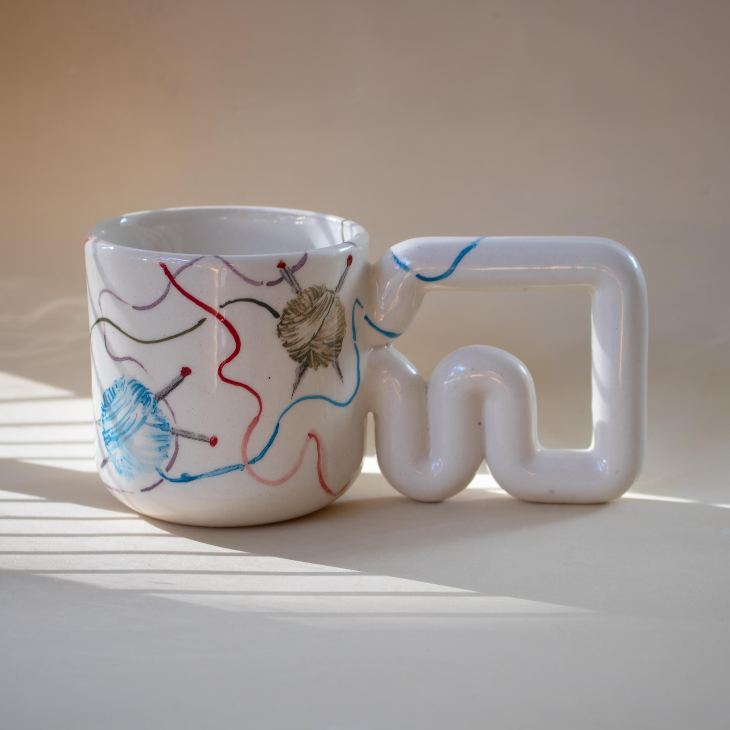 Colorful yarn pattern porcelain mug with funky handle: Handmade Knitting cup