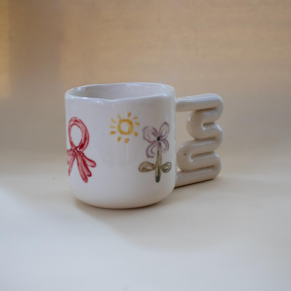 Hand Painted Porcelain Balloon Mug: Unique Coffee Cup with Funky Handle