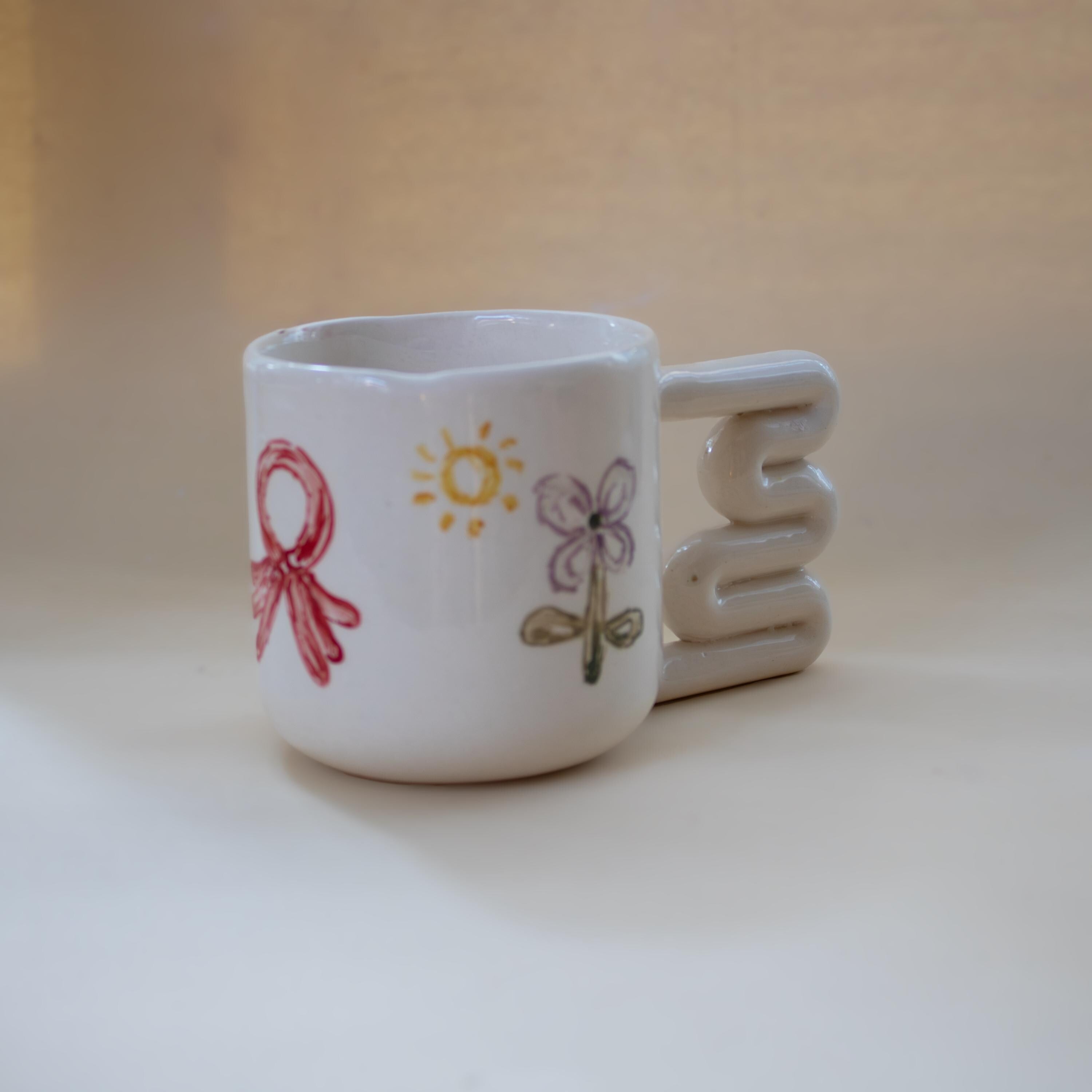 Hand Painted Porcelain Balloon Mug: Unique Coffee Cup with Funky Handle