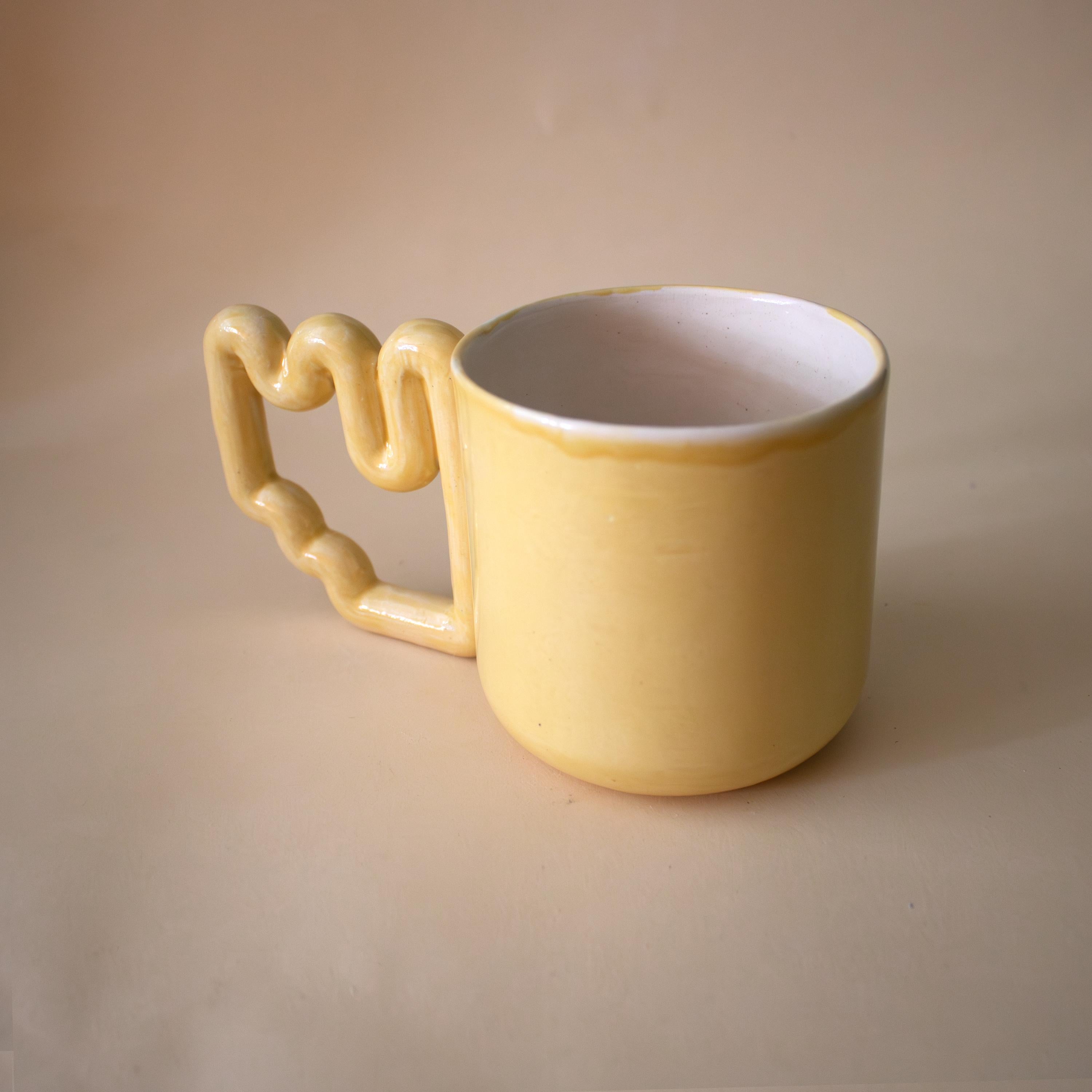 Yellow ceramic mug with funky handle, unique handmade cup, modern gift for coffee lovers