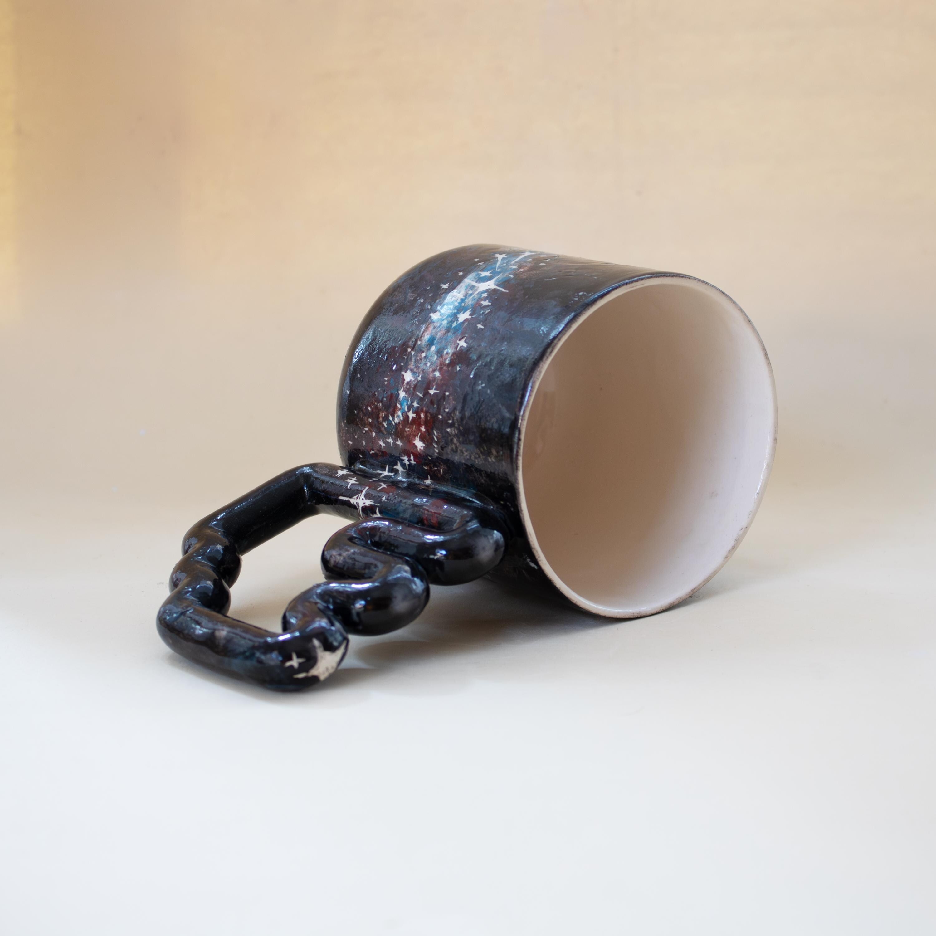 Handmade Celestial Porcelain Mug: Galaxy Design, Funky Handle