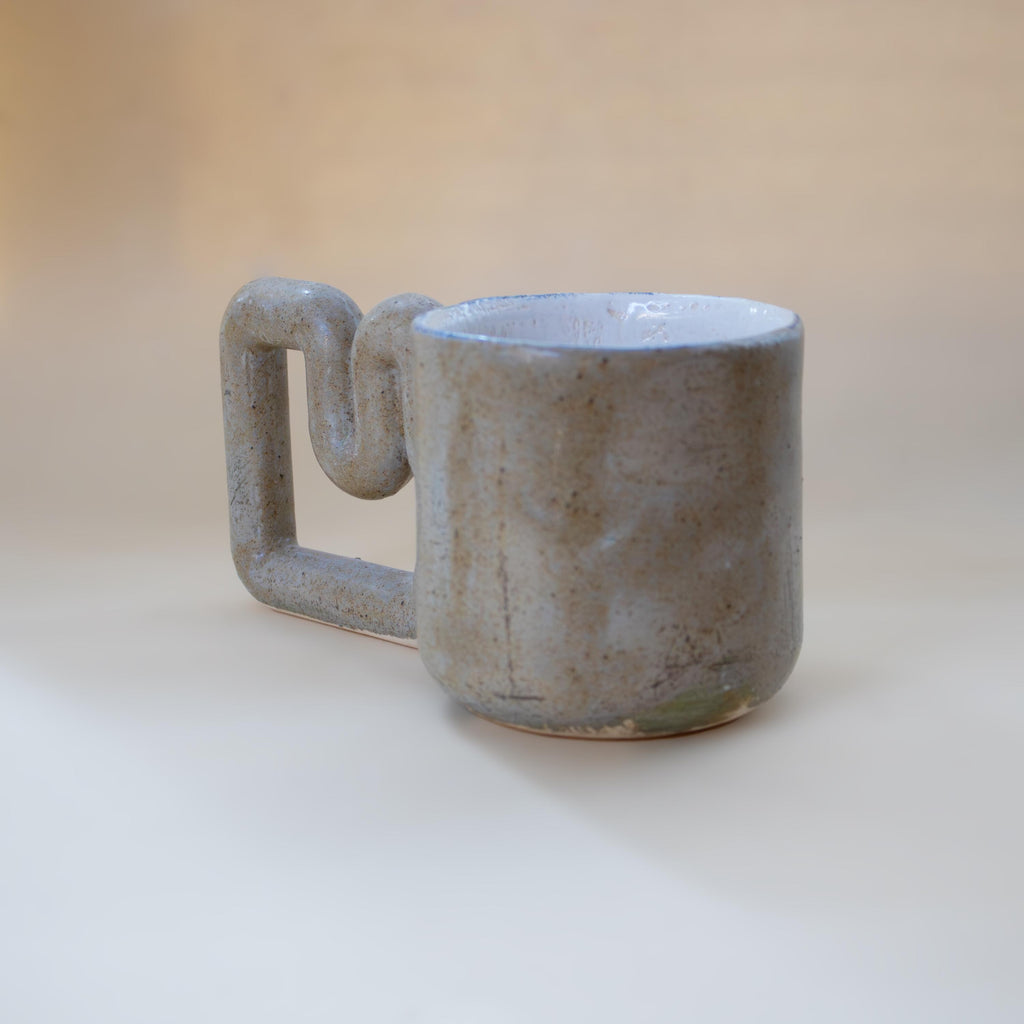 Natural stone inspired mug with funky handle, minimalist handmade porcelain cup, unique coffee gift