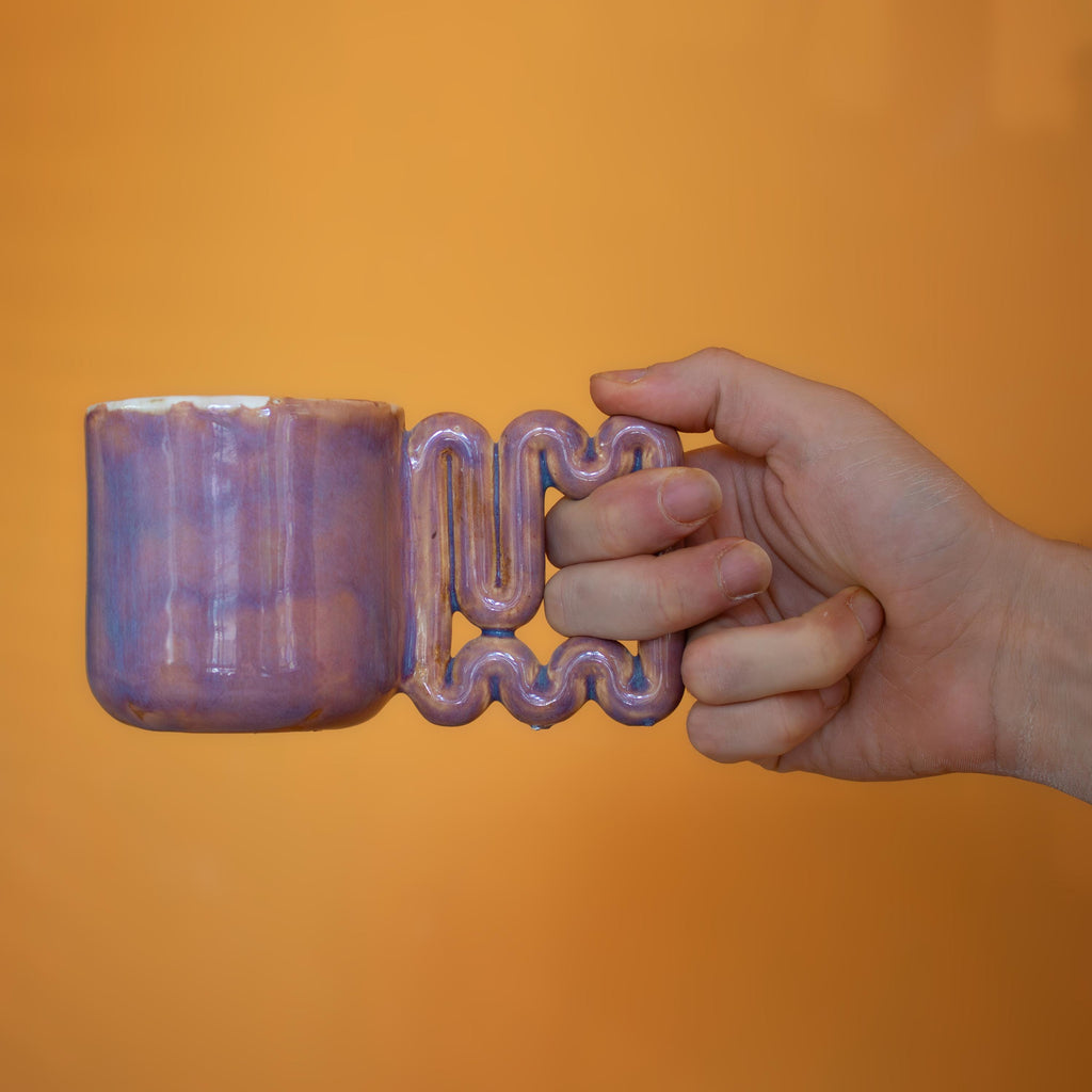 Handmade Copper Glaze Ceramic Mug: Square Zigzag Handle, Modern Design