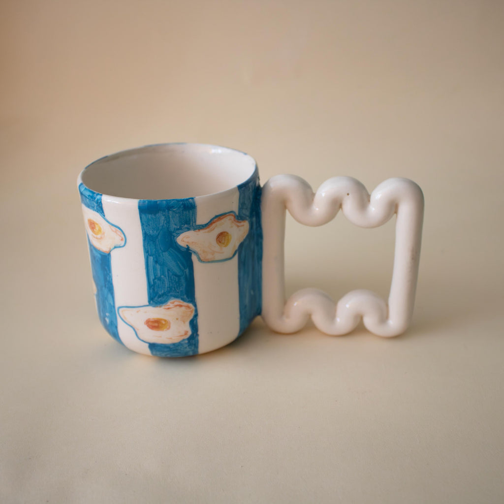 Hand Painted Porcelain Mug: Egg & Blue Stripes, Funky Handle