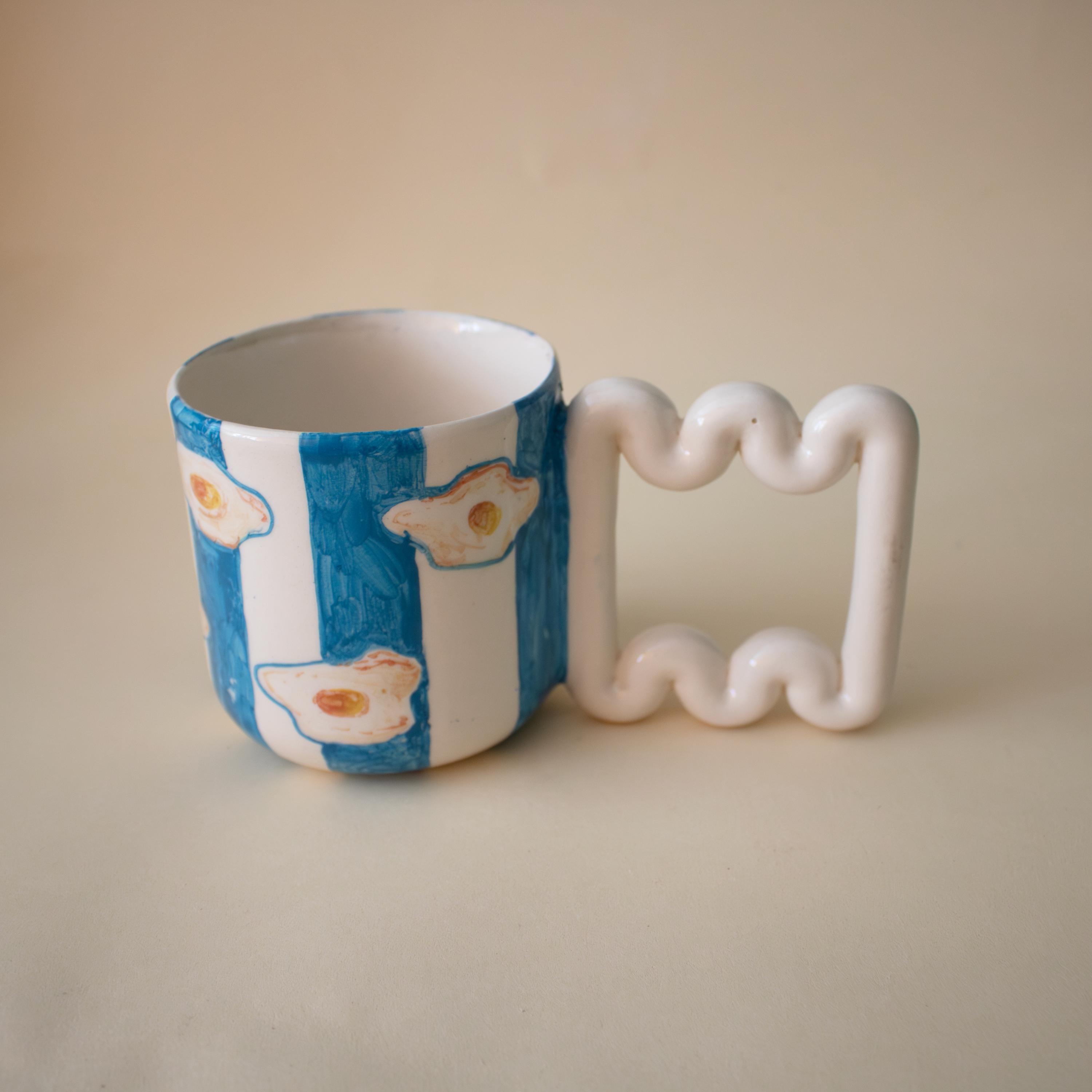 Hand Painted Porcelain Mug: Egg & Blue Stripes, Funky Handle