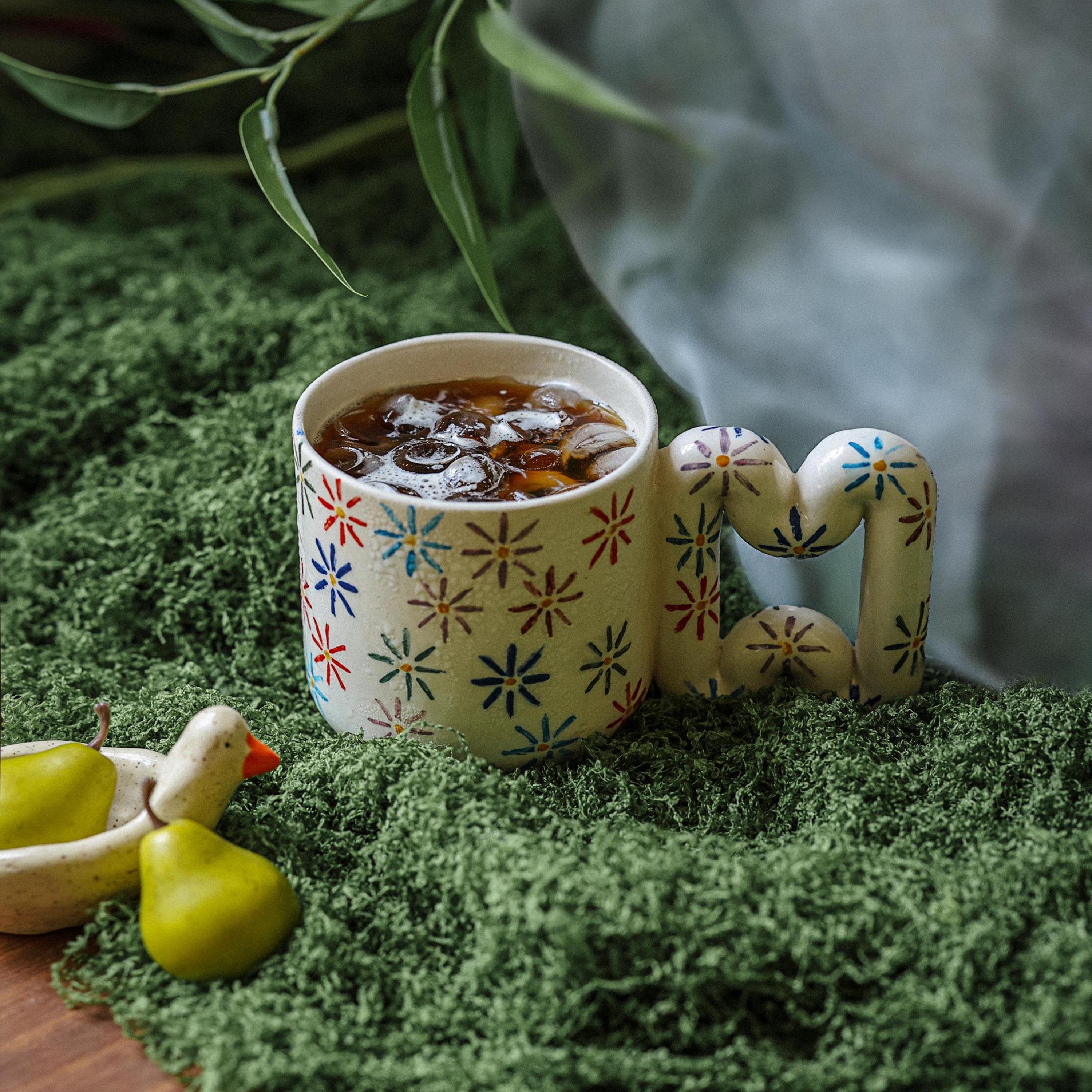 Handmade Ceramic Mug: Floral Blossom Design, Wavy Handle porcelain cup