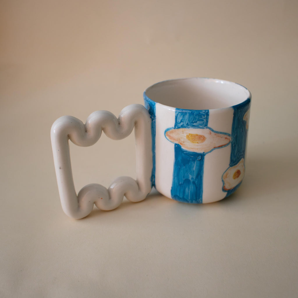 Hand Painted Porcelain Mug: Egg & Blue Stripes, Funky Handle