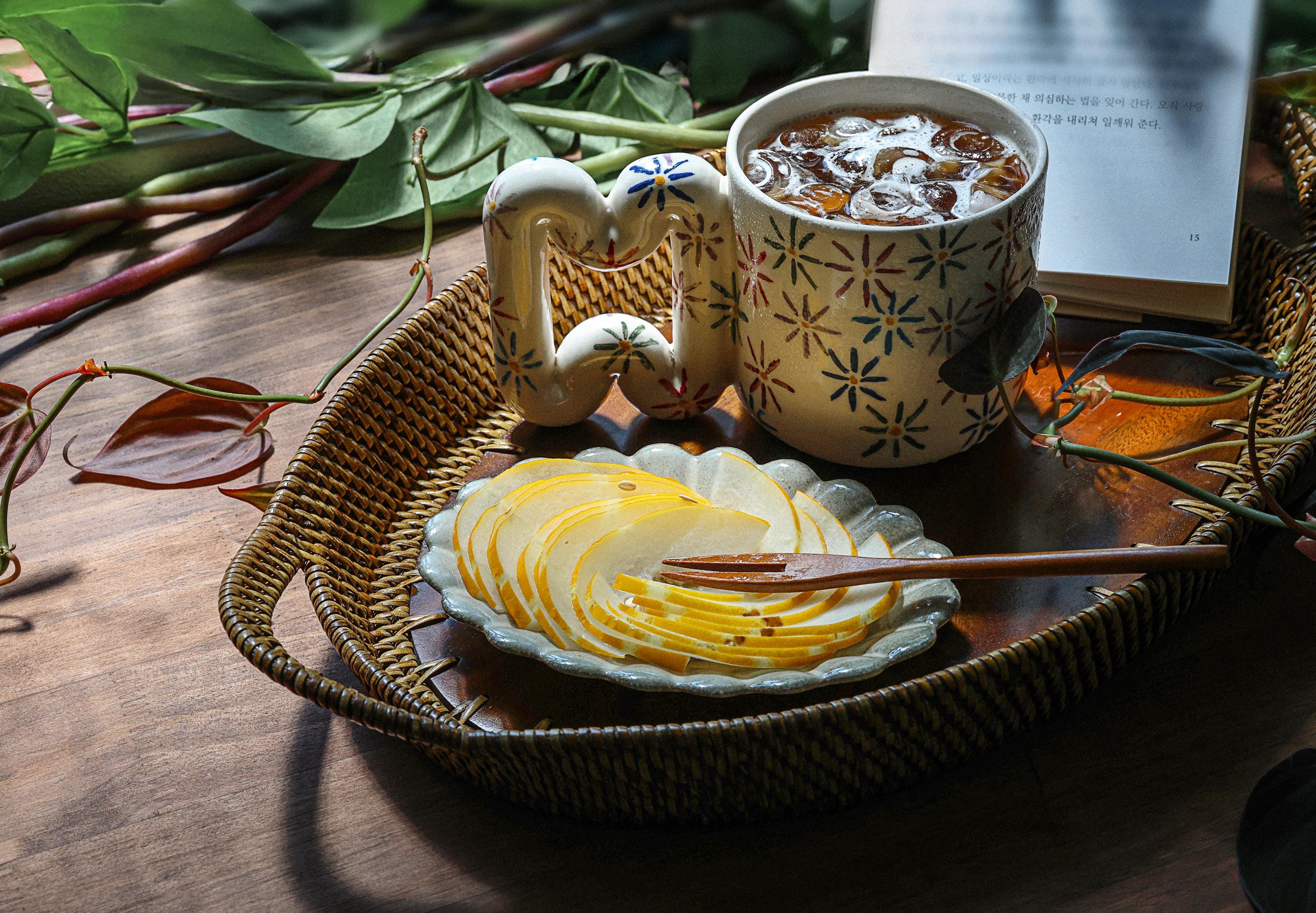 Handmade Ceramic Mug: Floral Blossom Design, Wavy Handle porcelain cup