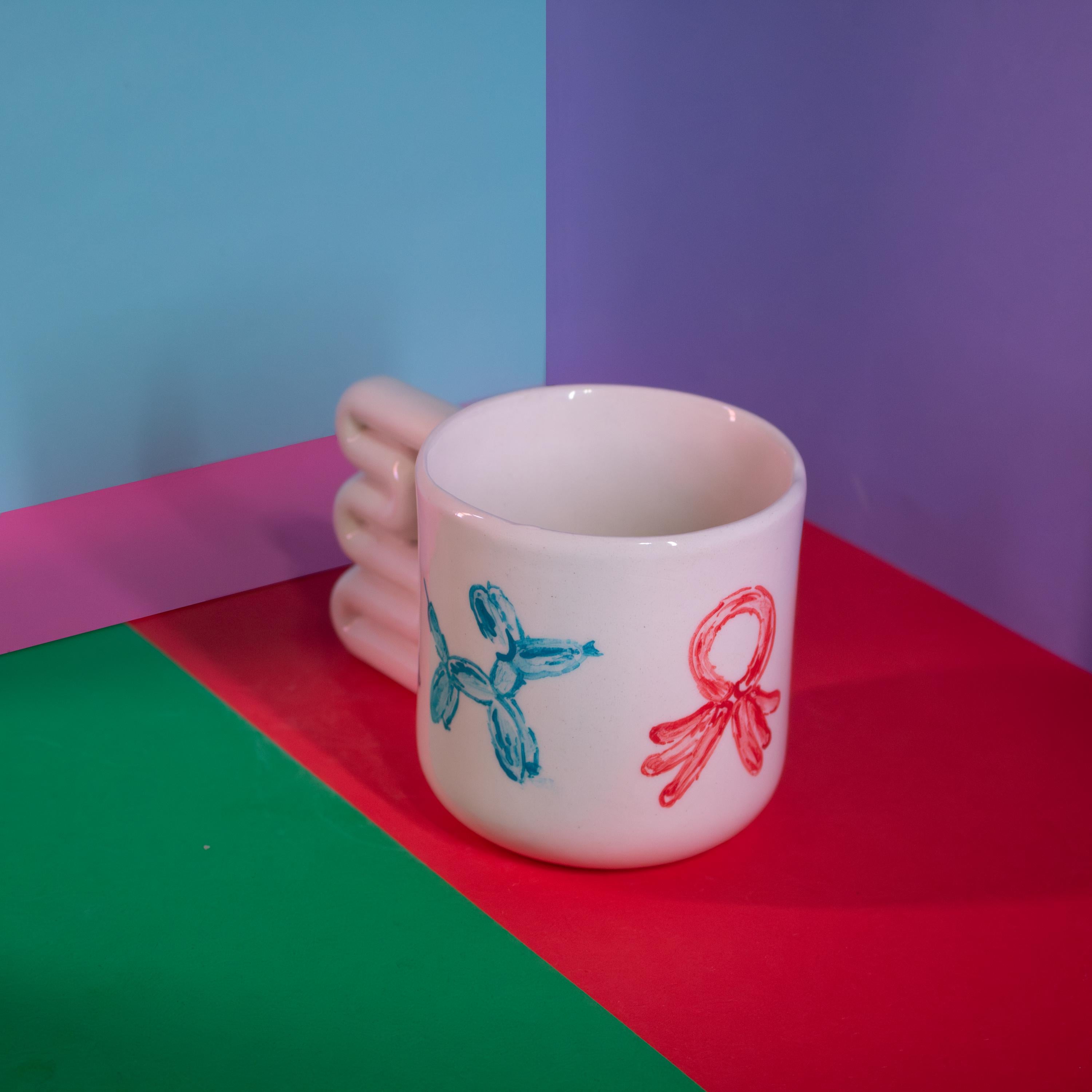 Hand Painted Porcelain Balloon Mug: Unique Coffee Cup with Funky Handle