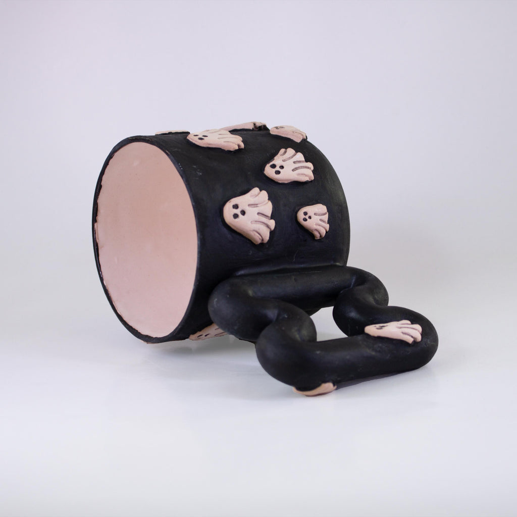 Handmade Porcelain Ghost Mug: Spooky Black Coffee Cup with Funky Handle