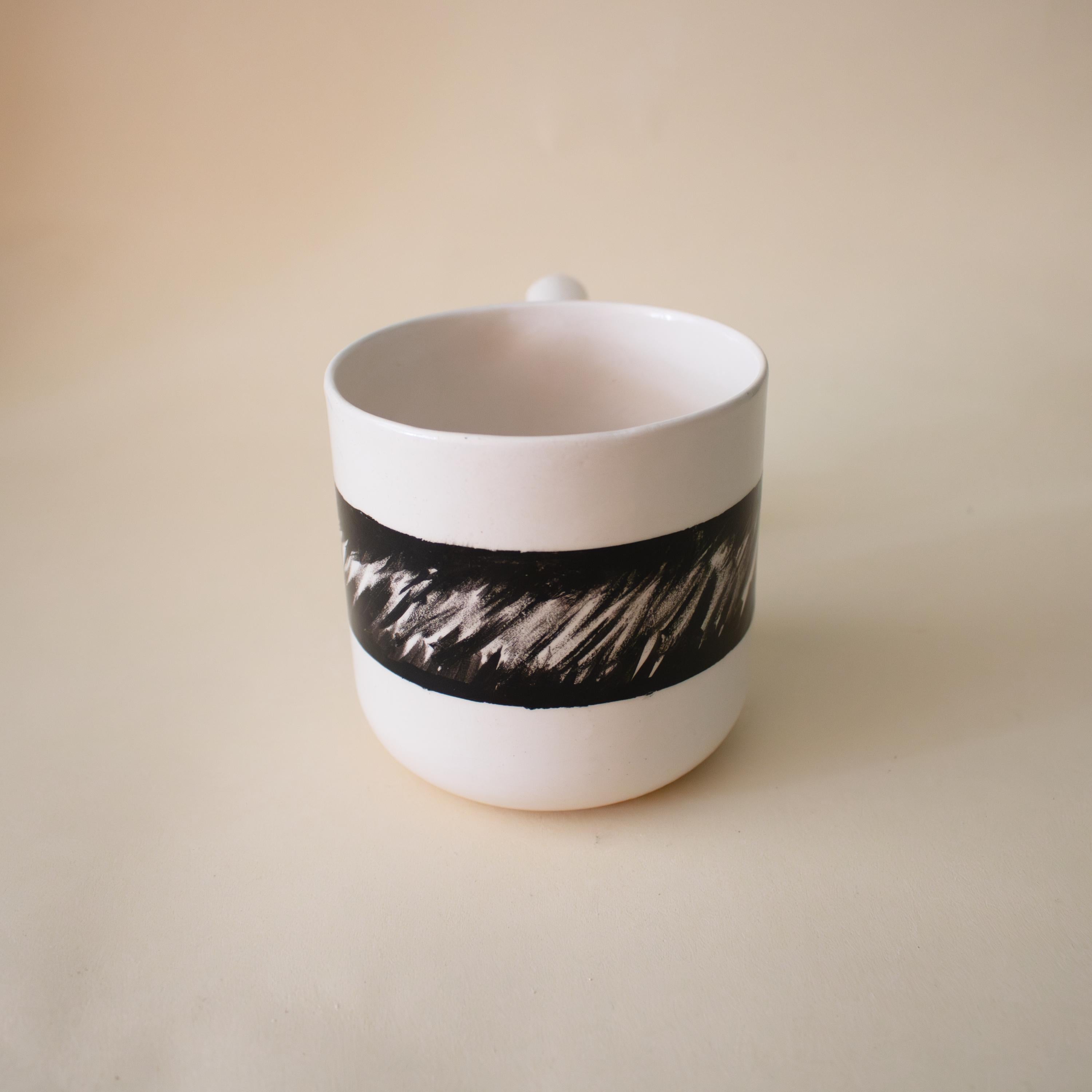 Black and white porcelain mug with funky handle Handmade Ceramic Cup