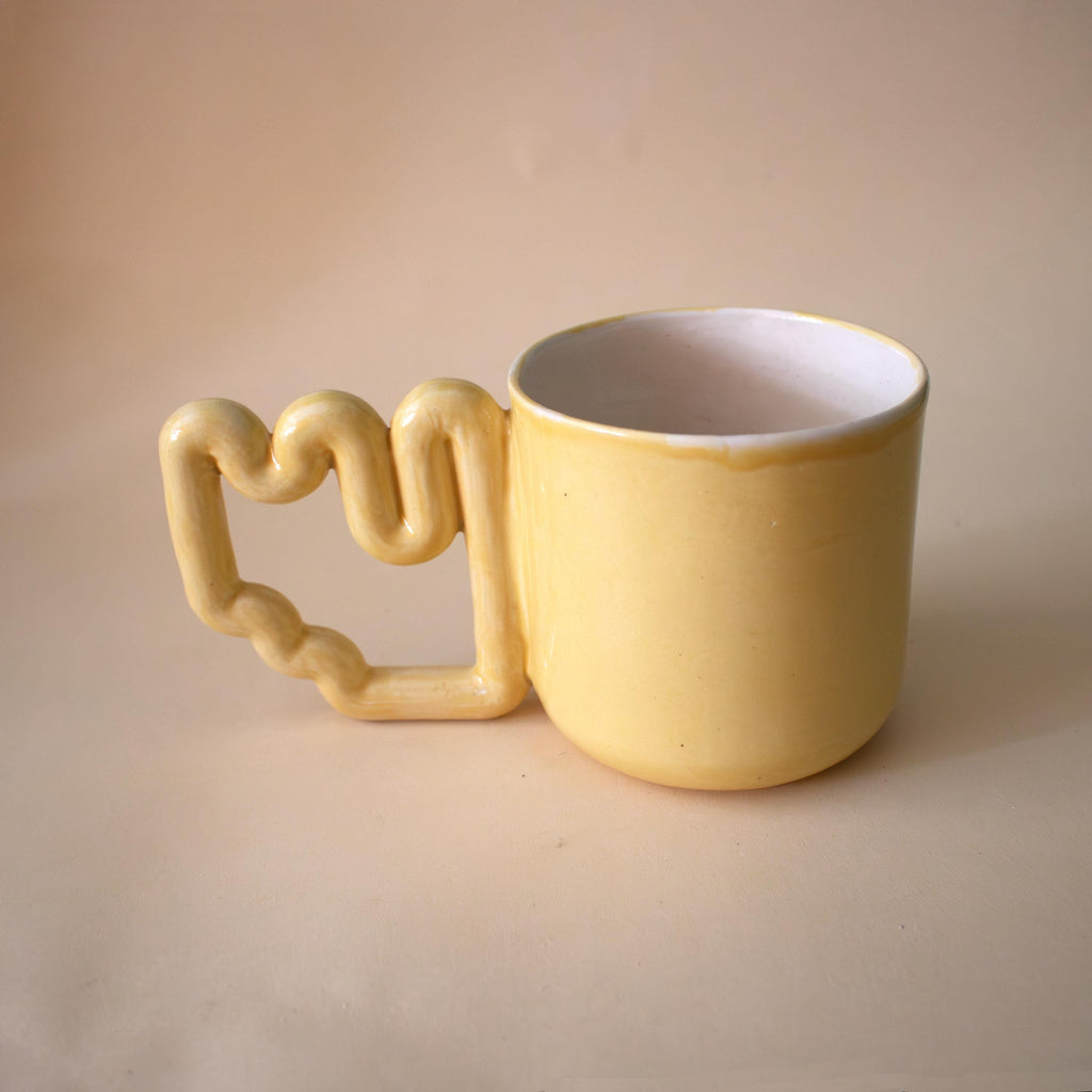 Yellow ceramic mug with funky handle, unique handmade cup, modern gift for coffee lovers