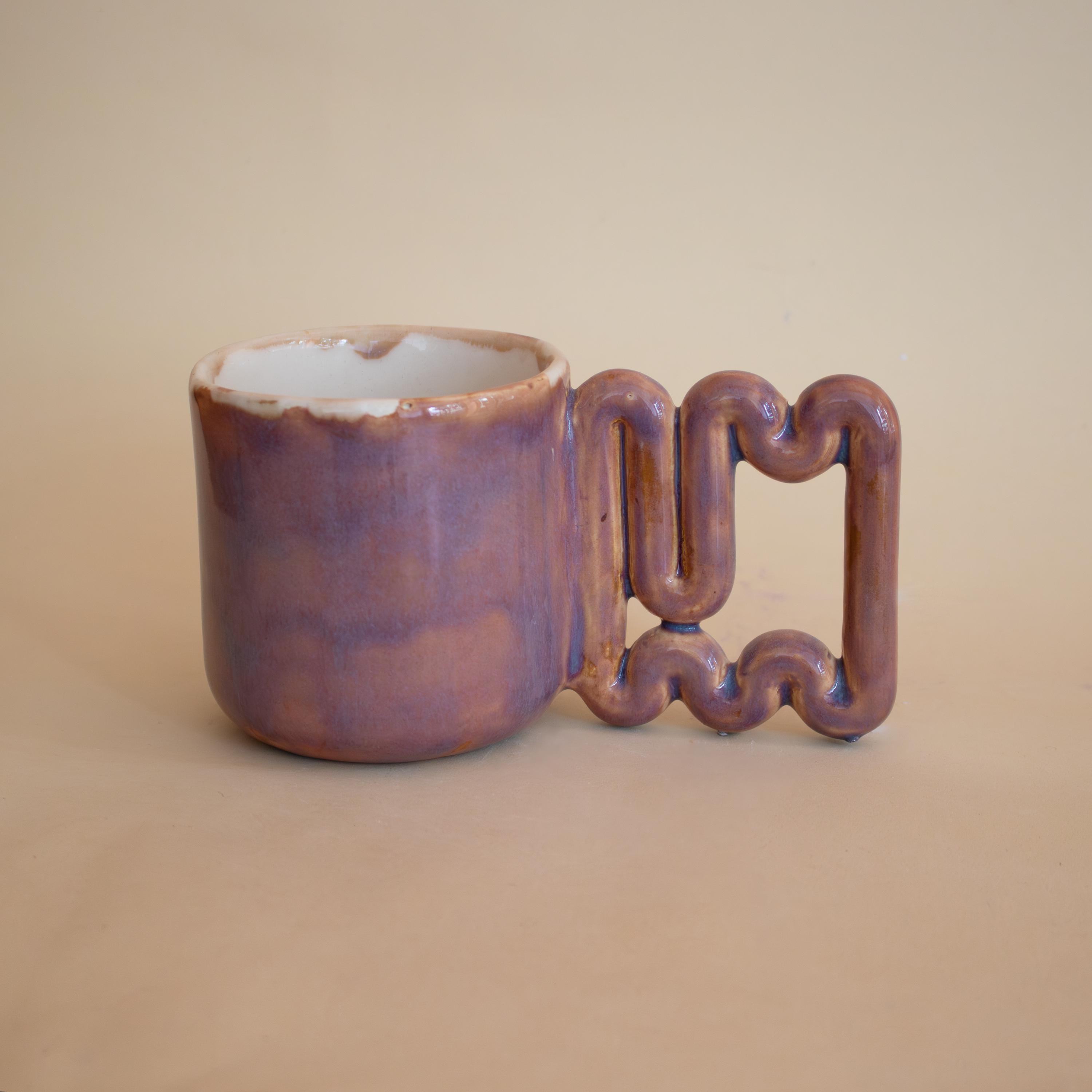 Handmade Copper Glaze Ceramic Mug: Square Zigzag Handle, Modern Design