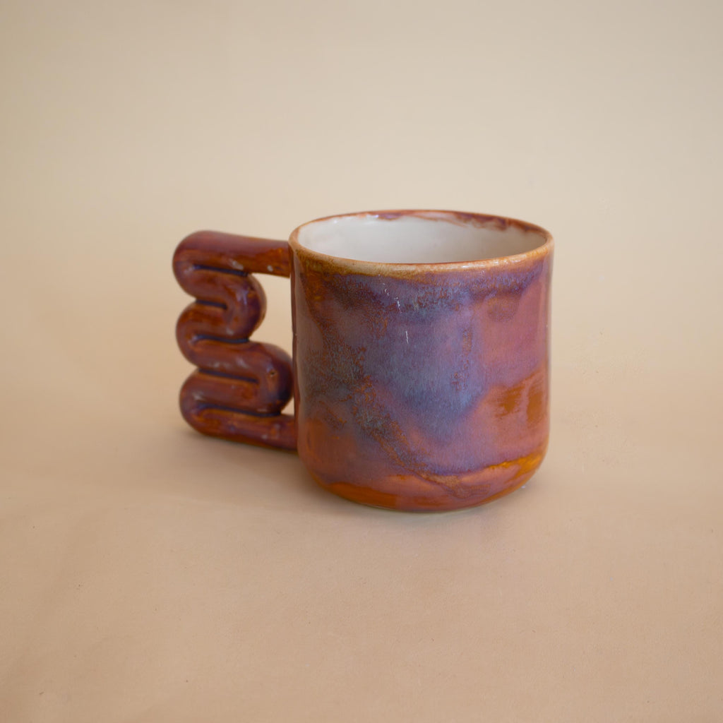 Handmade Porcelain Coffee Mug: Unique Wavy Handle, Art Lover Gift
