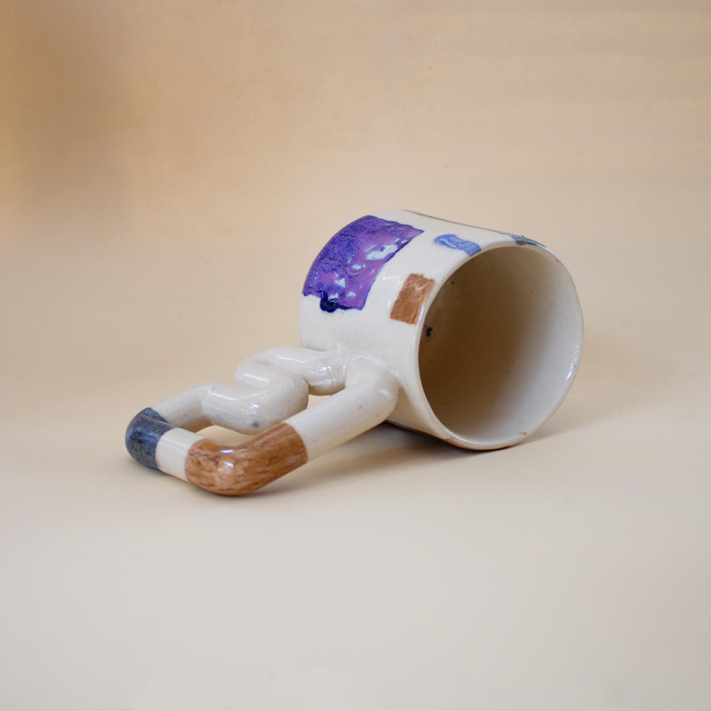 Handmade Porcelain Coffee Mug: Colourful Geometric Design, Wavy Handle