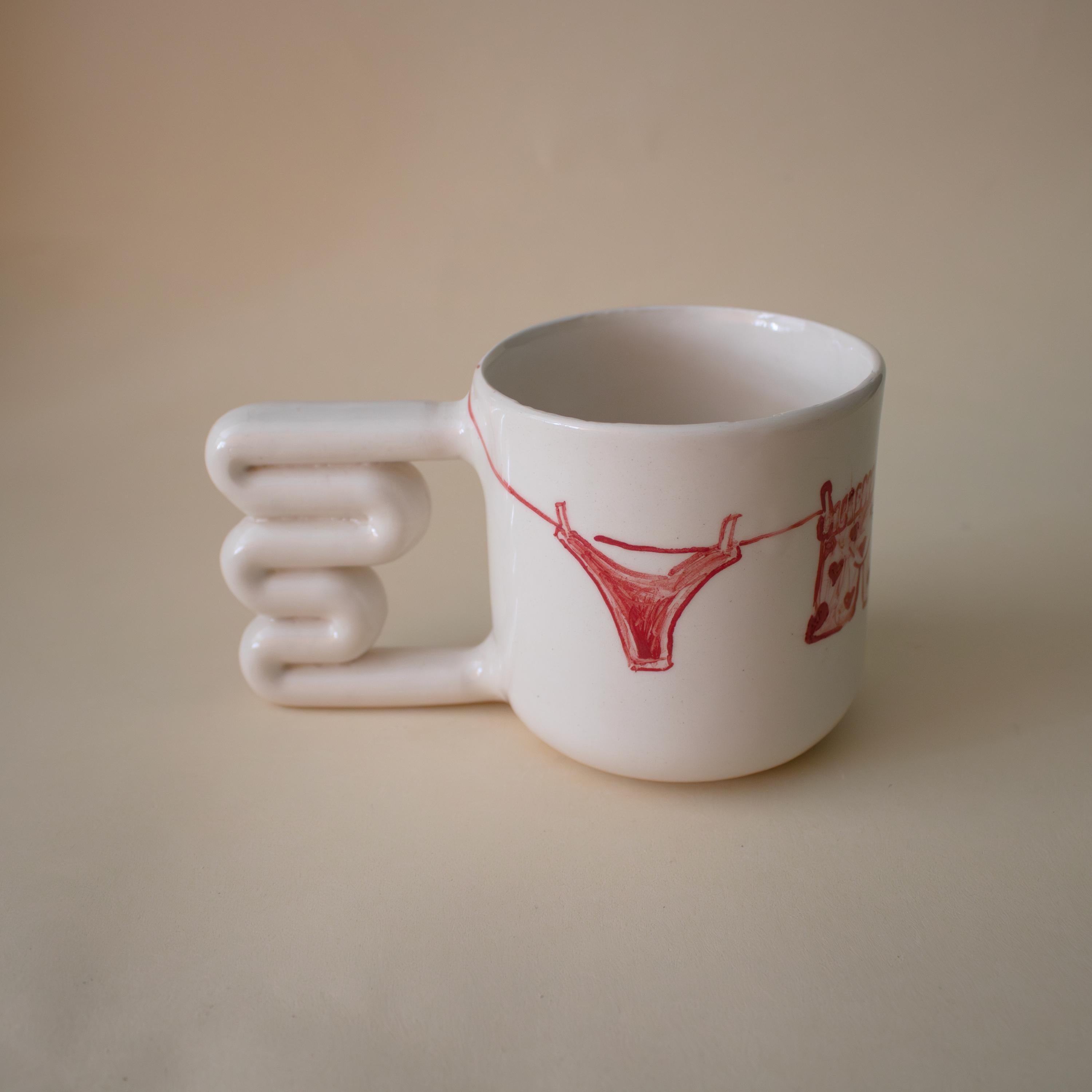 Hand Painted Clothesline Mug: Funky Handle Ceramic Coffee Cup
