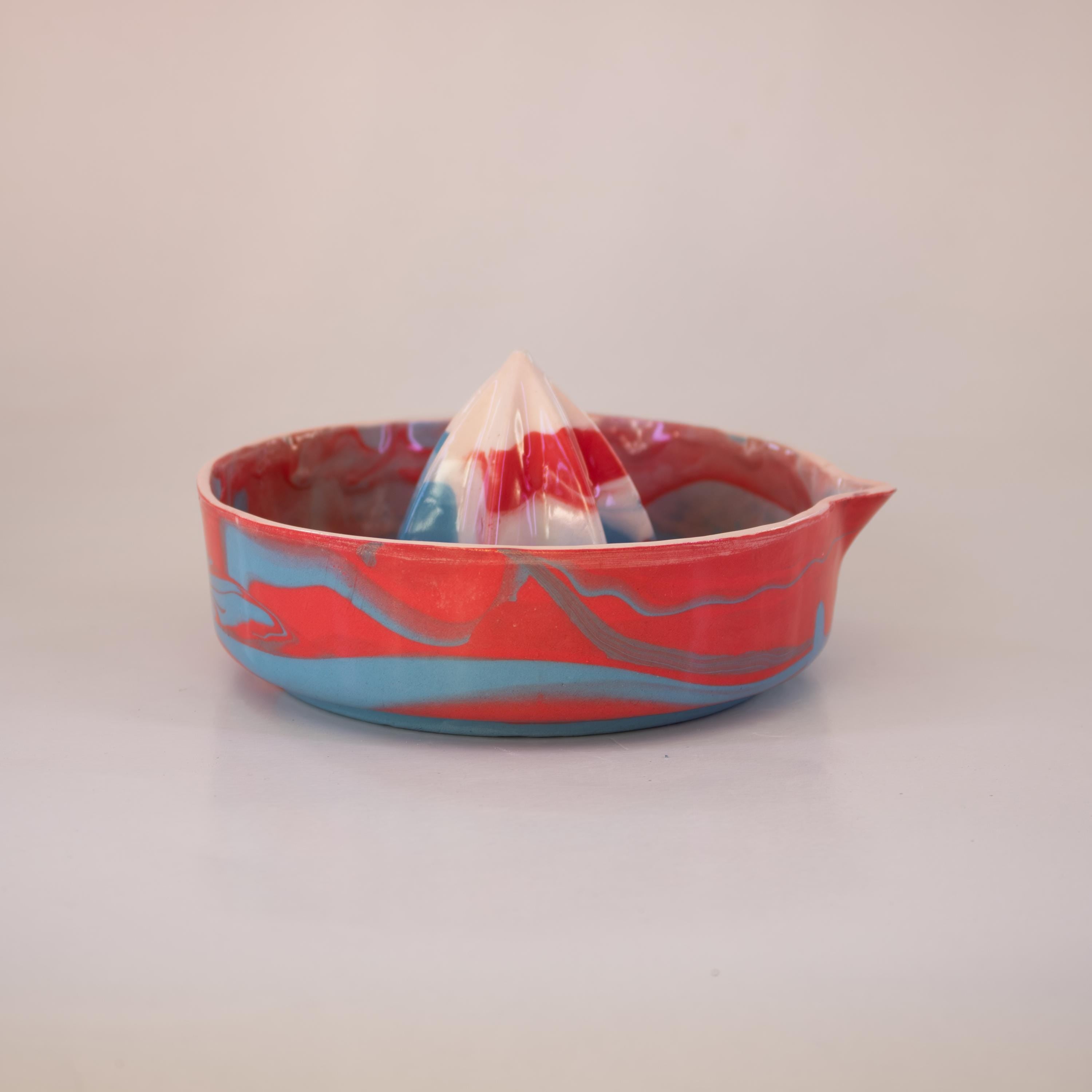 Red and blue porcelain lemon squeezer, handmade citrus juicer