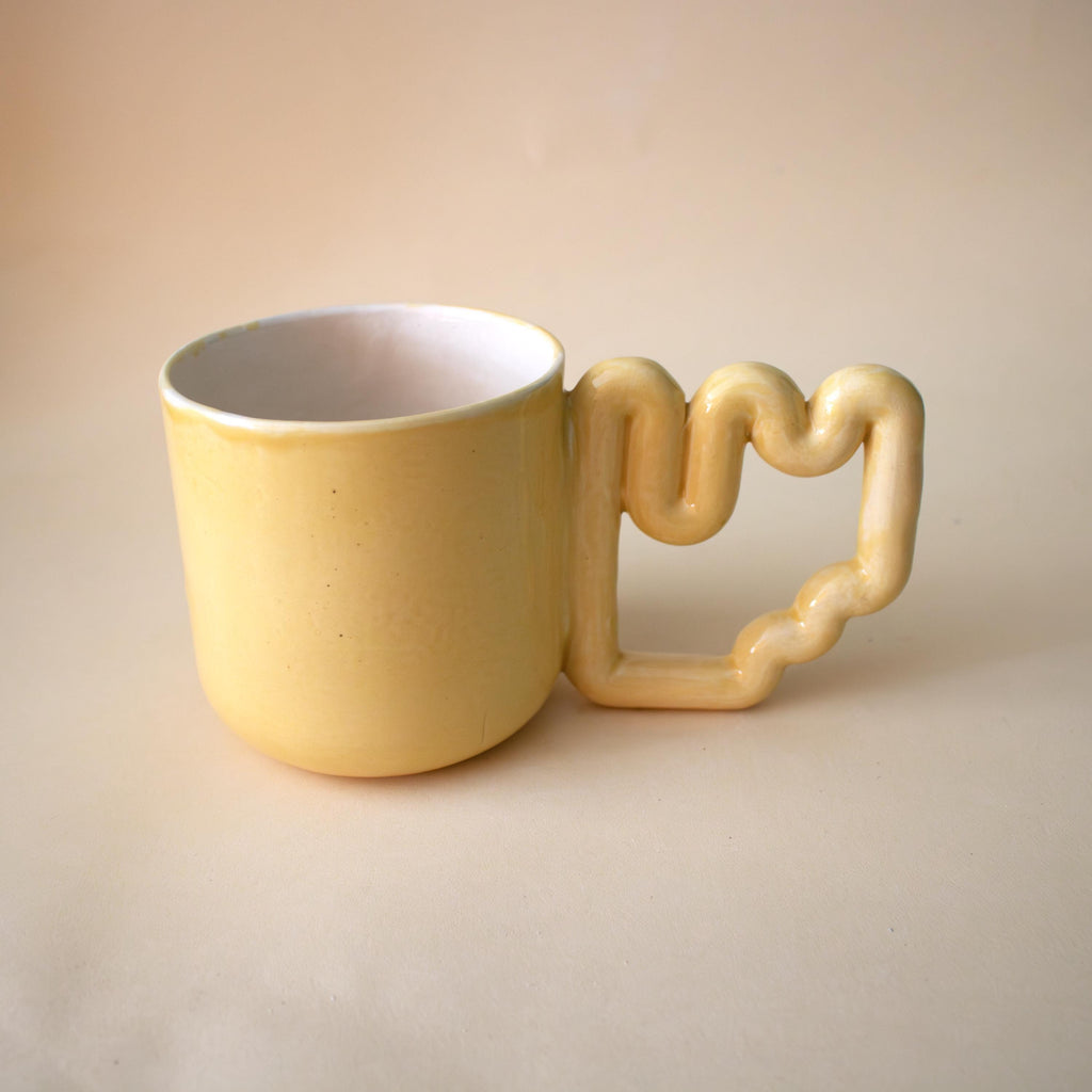 Yellow ceramic mug with funky handle, unique handmade cup, modern gift for coffee lovers