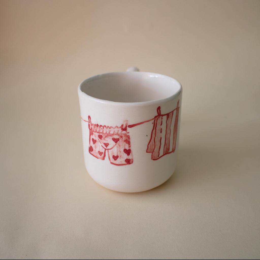Hand Painted Clothesline Mug: Funky Handle Ceramic Coffee Cup