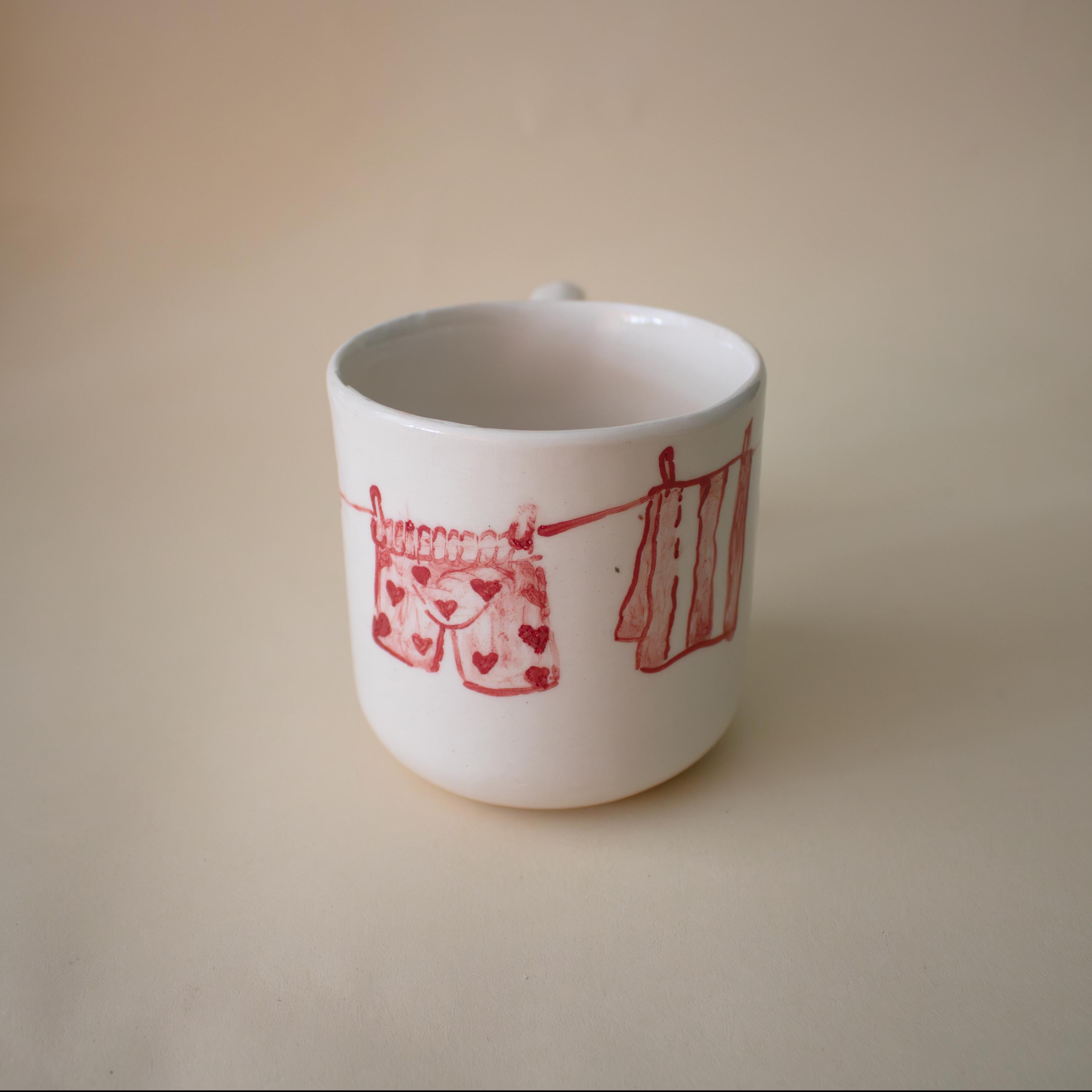 Hand Painted Clothesline Mug: Funky Handle Ceramic Coffee Cup