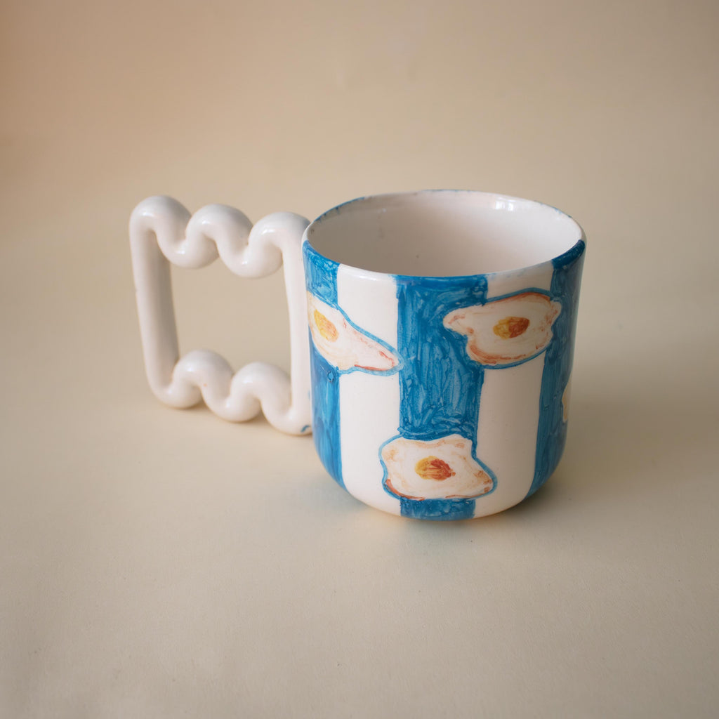 Hand Painted Porcelain Mug: Egg & Blue Stripes, Funky Handle