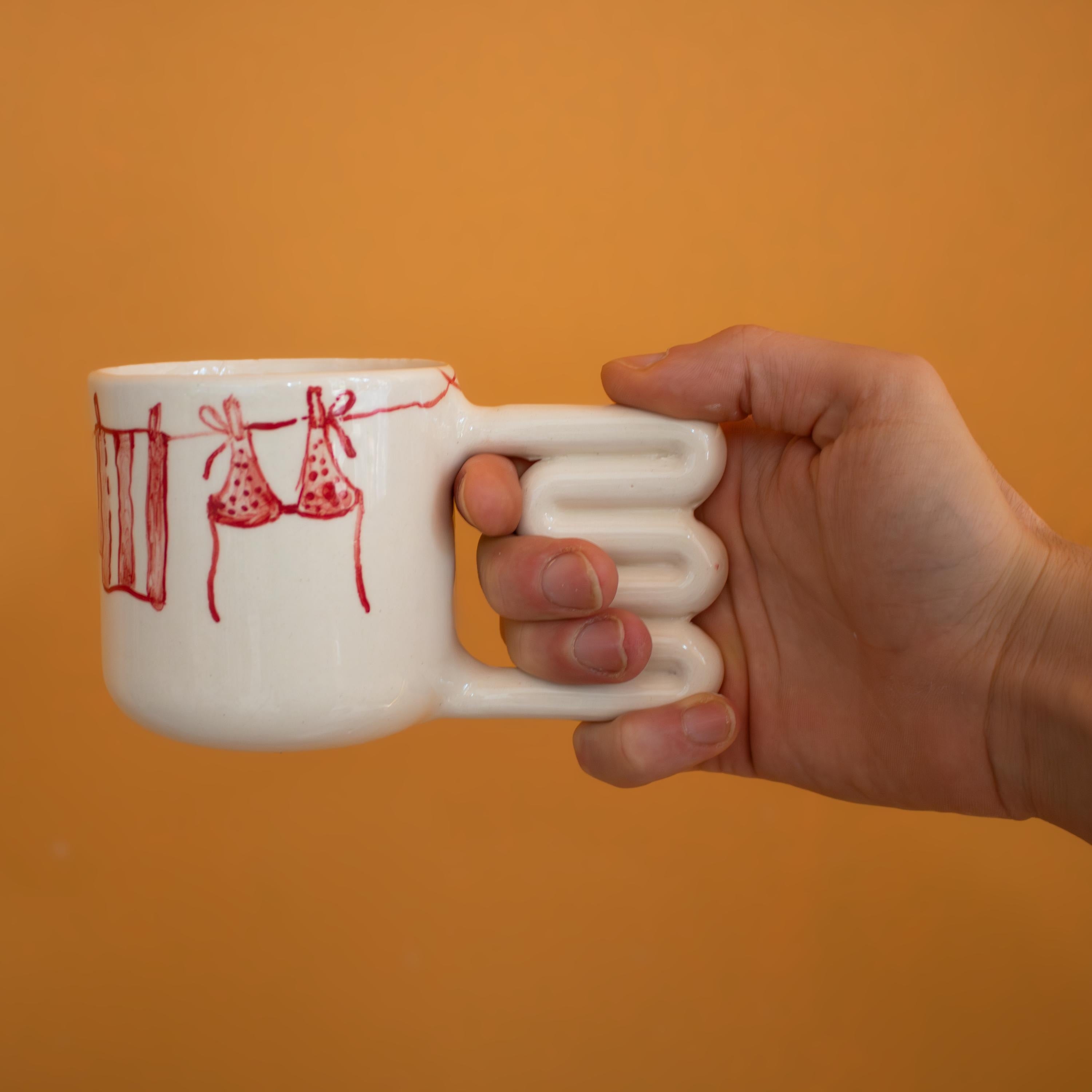 Hand Painted Clothesline Mug: Funky Handle Ceramic Coffee Cup