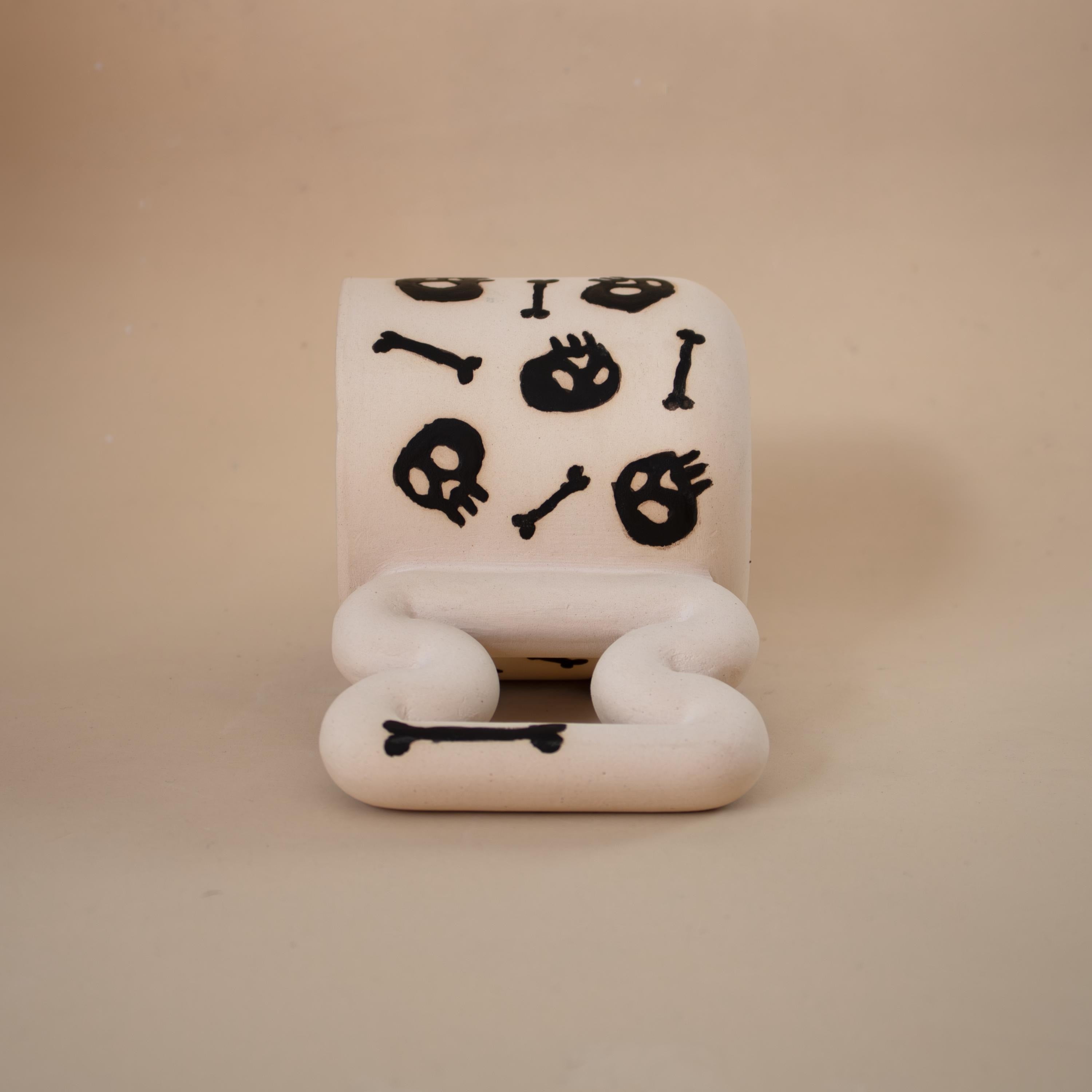 Handmade Porcelain skull Mug: Spooky Black Coffee Cup with Funky Handle