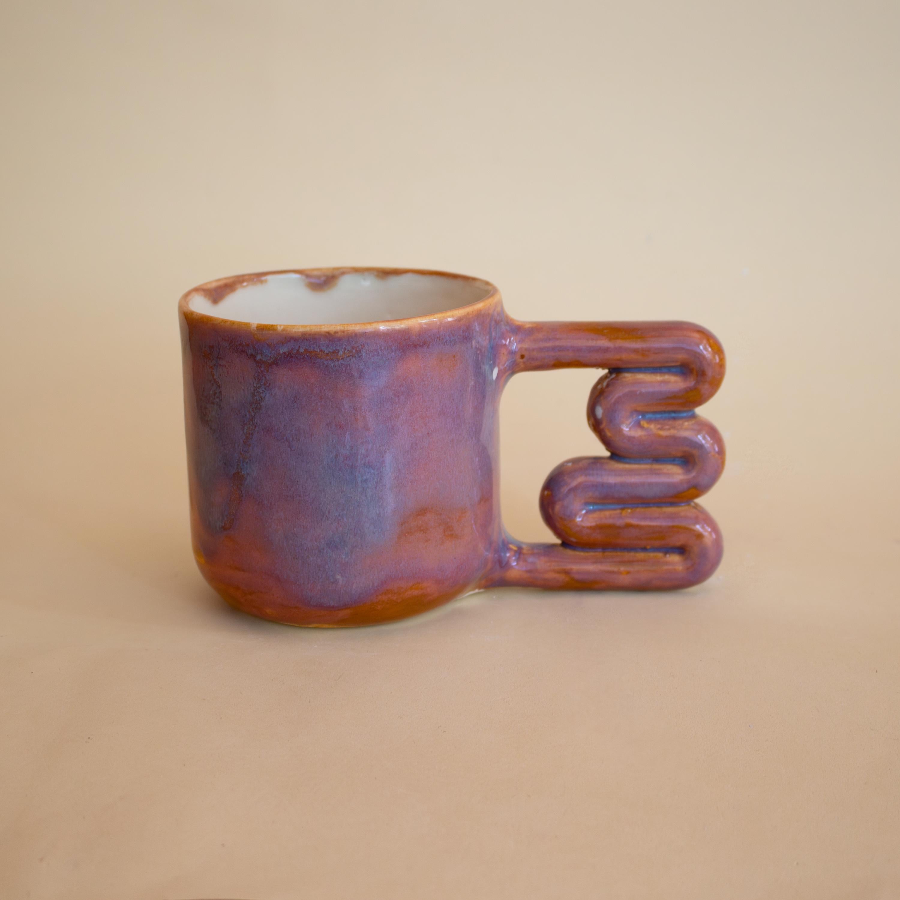 Handmade Porcelain Coffee Mug: Unique Wavy Handle, Art Lover Gift