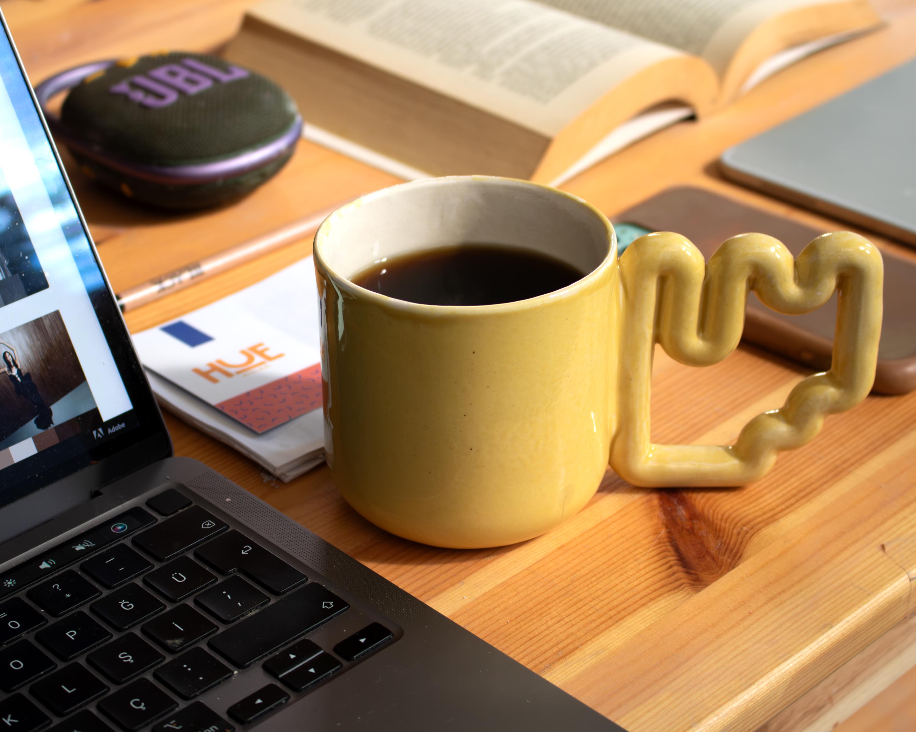 Yellow ceramic mug with funky handle, unique handmade cup, modern gift for coffee lovers