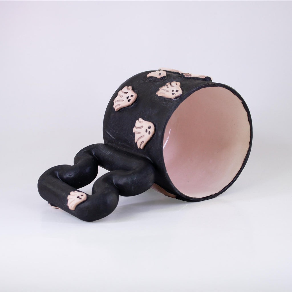 Handmade Porcelain Ghost Mug: Spooky Black Coffee Cup with Funky Handle