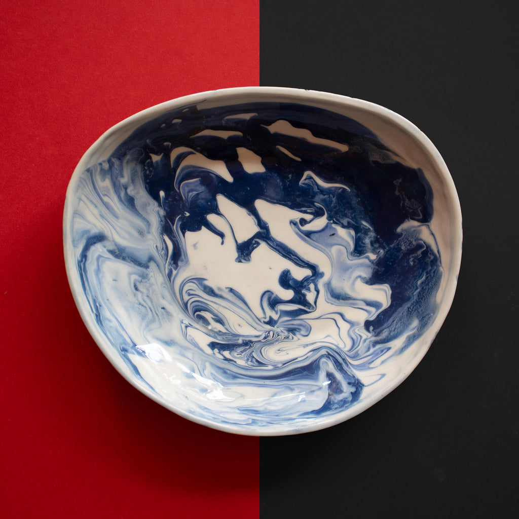 Handmade Marble Porcelain Salad Plate: Blue, Black, and White