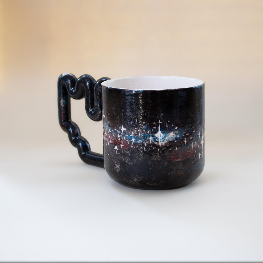 Handmade Celestial Porcelain Mug: Galaxy Design, Funky Handle