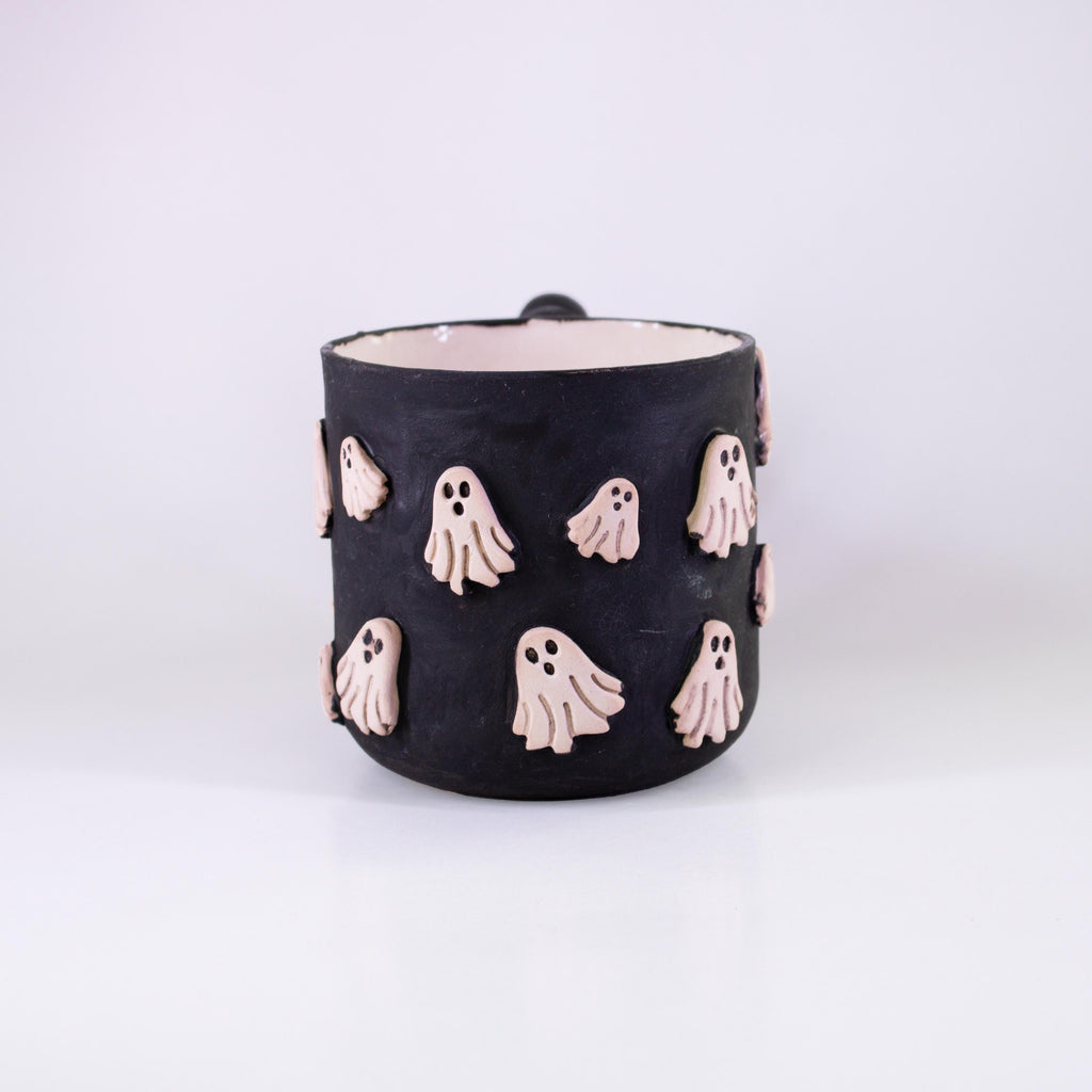 Handmade Porcelain Ghost Mug: Spooky Black Coffee Cup with Funky Handle