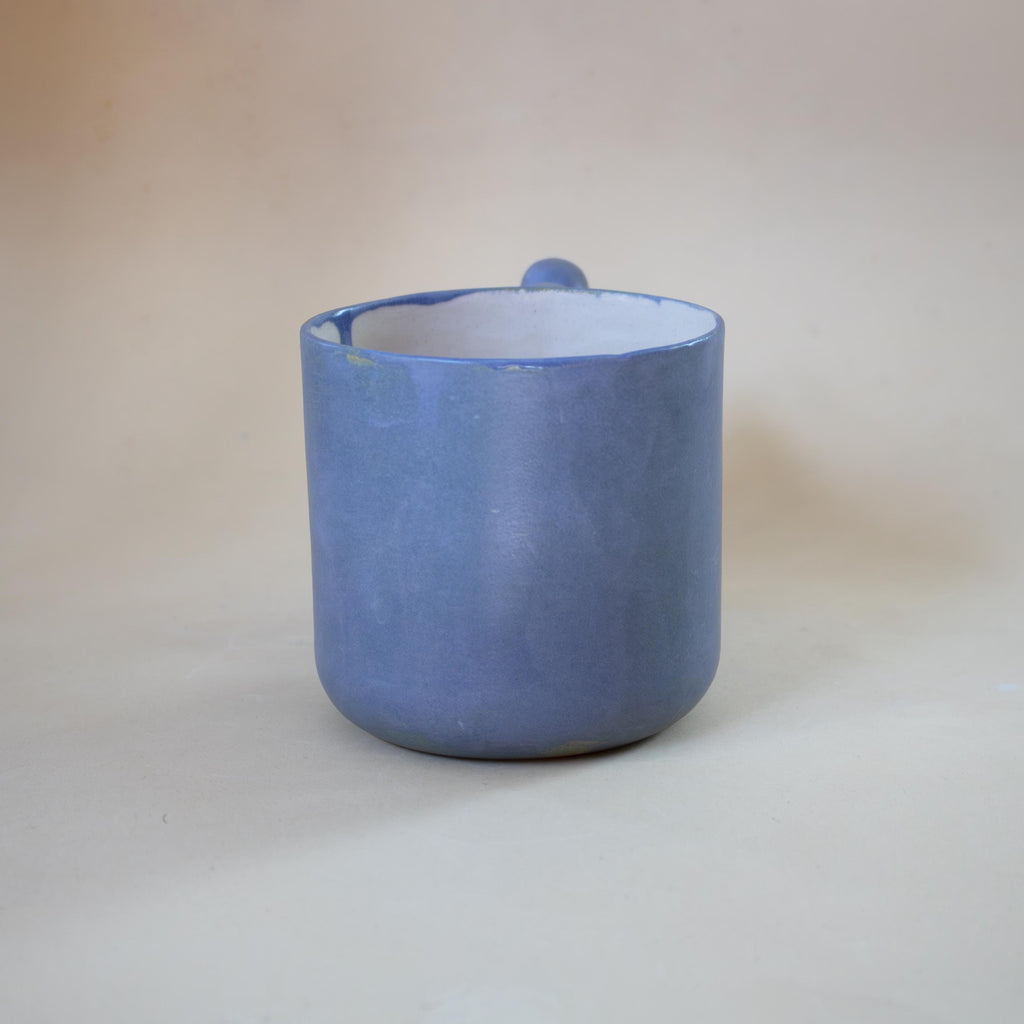 Matte blue porcelain mug with funky handle, handmade modern coffee cup