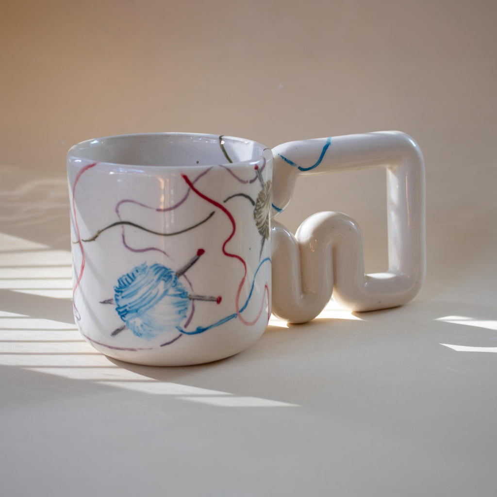 Colorful yarn pattern porcelain mug with funky handle: Handmade Knitting cup