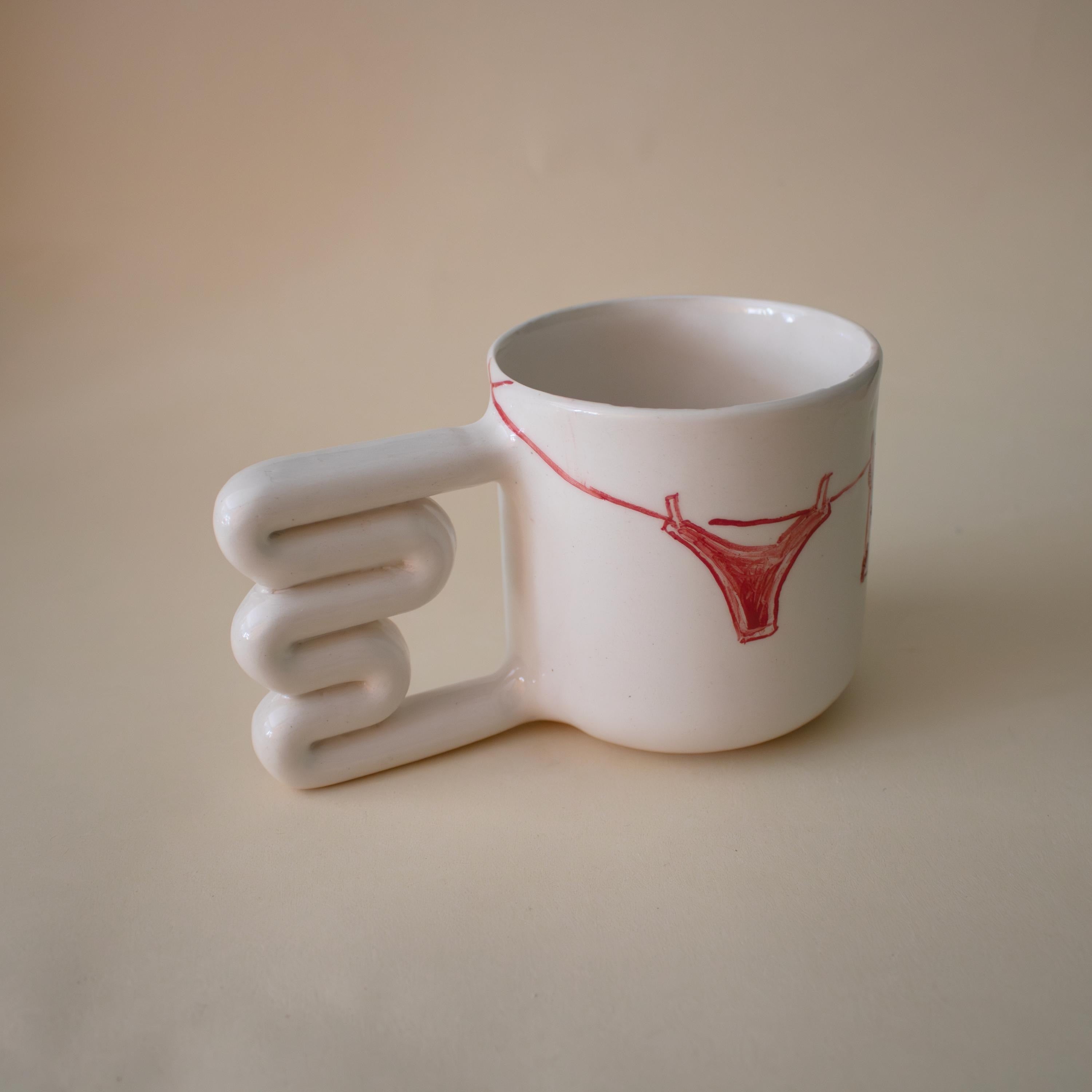 Hand Painted Clothesline Mug: Funky Handle Ceramic Coffee Cup
