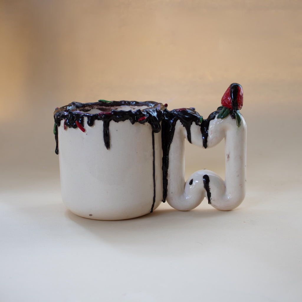 Handmade Chocolate Drip Mug: Funky Strawberry Handle Porcelain Cup