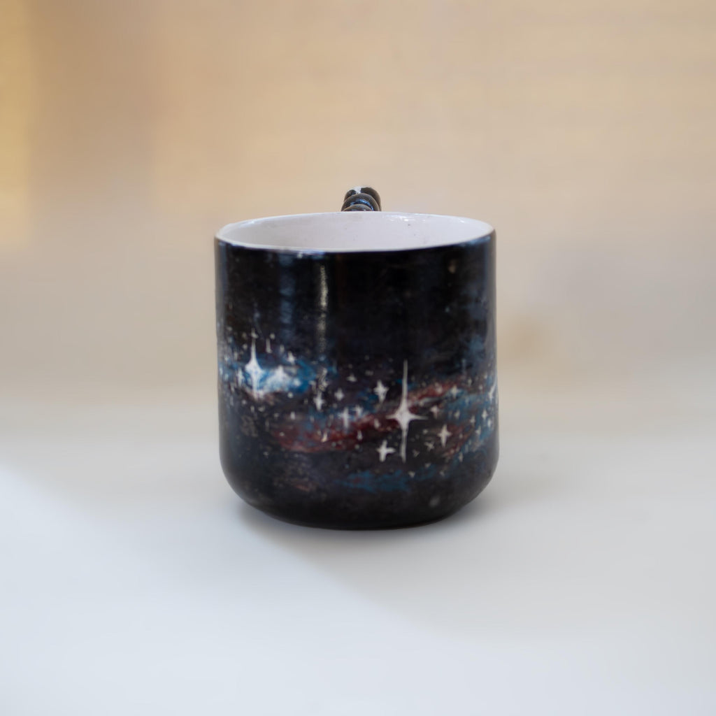 Handmade Celestial Porcelain Mug: Galaxy Design, Funky Handle