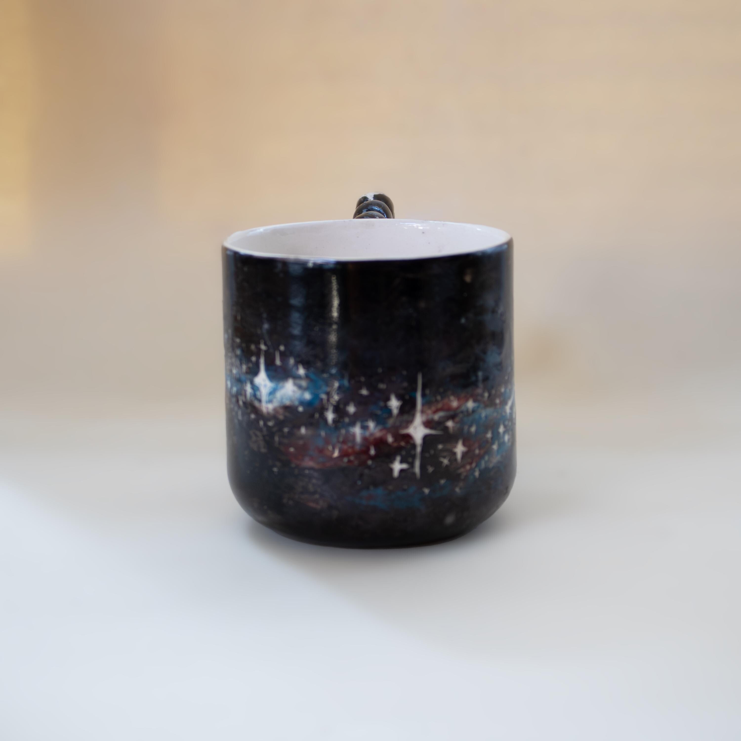 Handmade Celestial Porcelain Mug: Galaxy Design, Funky Handle