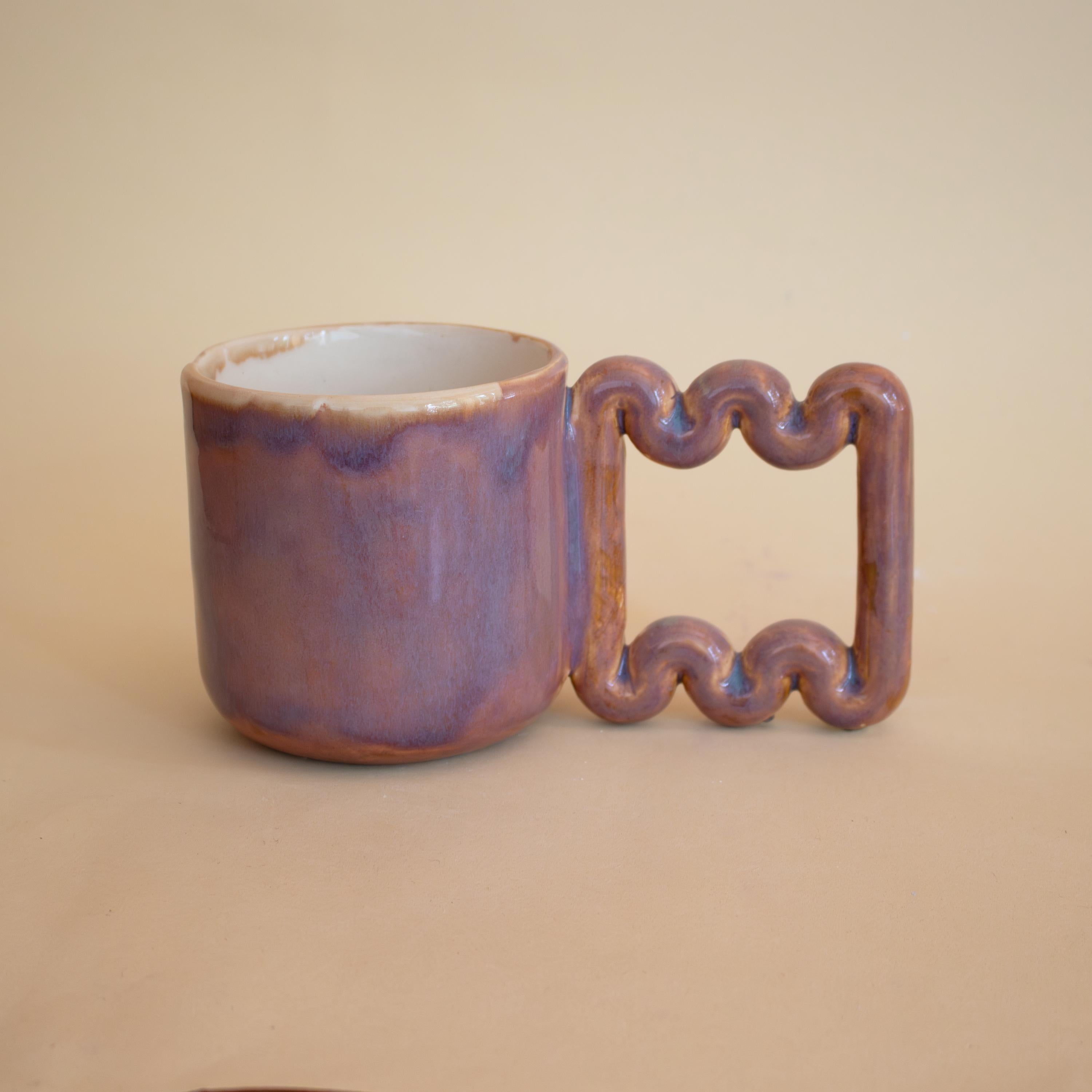 Copper pink ceramic mug with funky handle, sculptural handmade porcelain cup, modern coffee gift