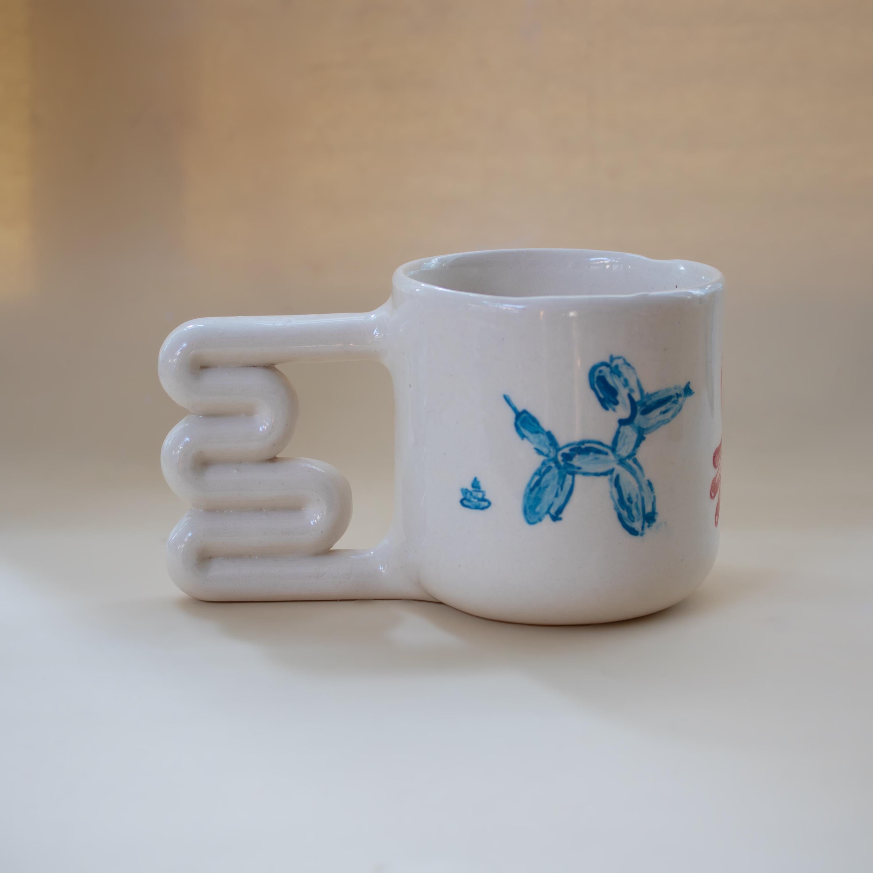 Hand Painted Porcelain Balloon Mug: Unique Coffee Cup with Funky Handle