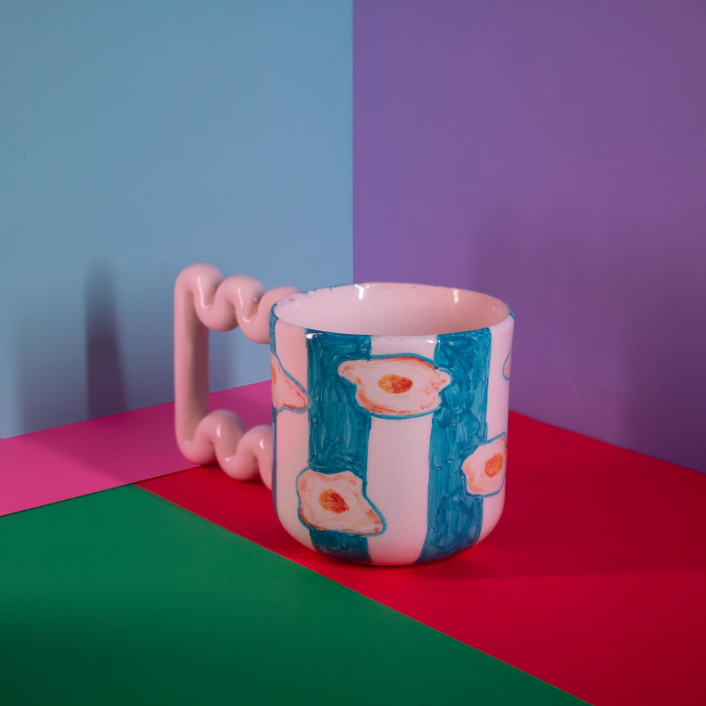 Hand Painted Porcelain Mug: Egg & Blue Stripes, Funky Handle