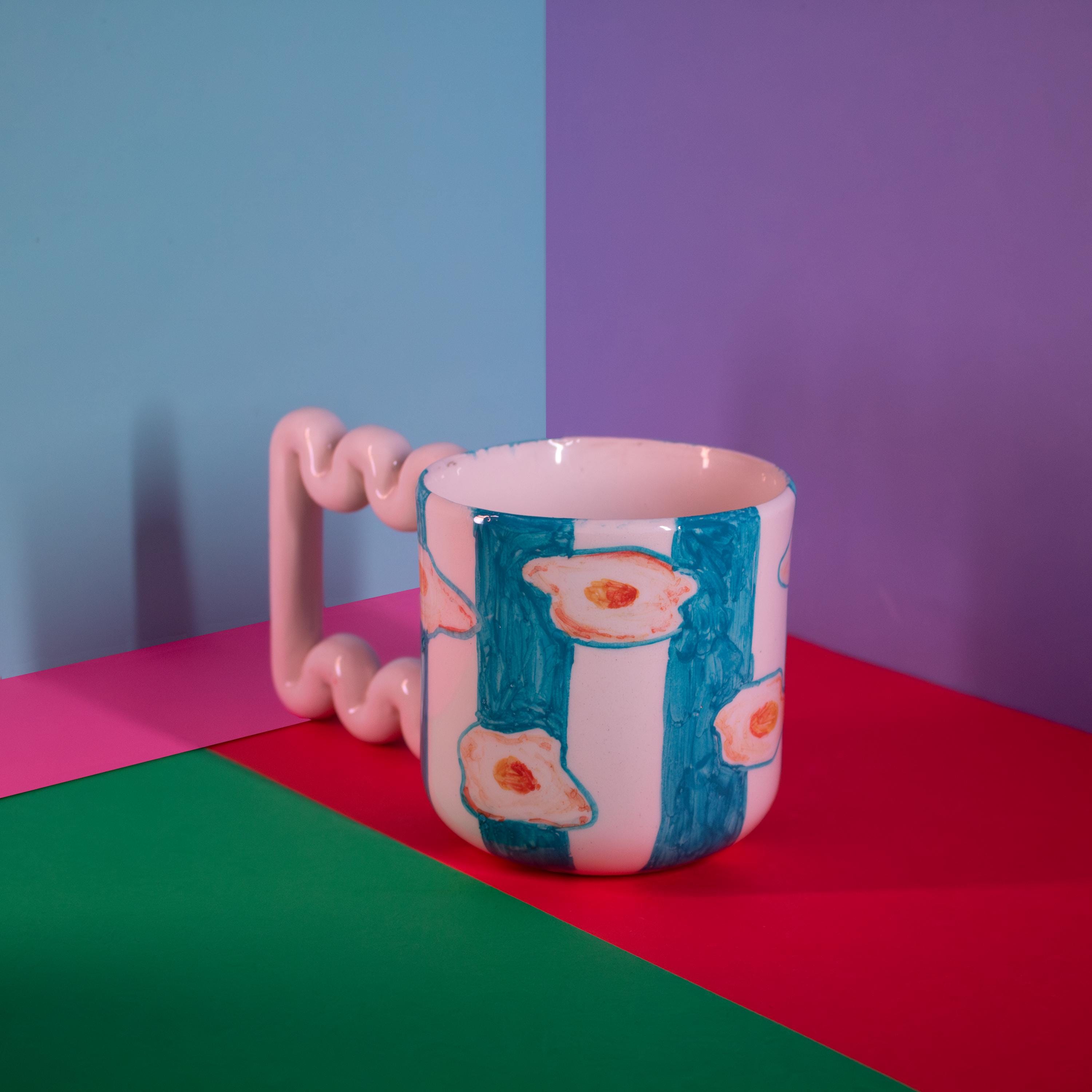Hand Painted Porcelain Mug: Egg & Blue Stripes, Funky Handle